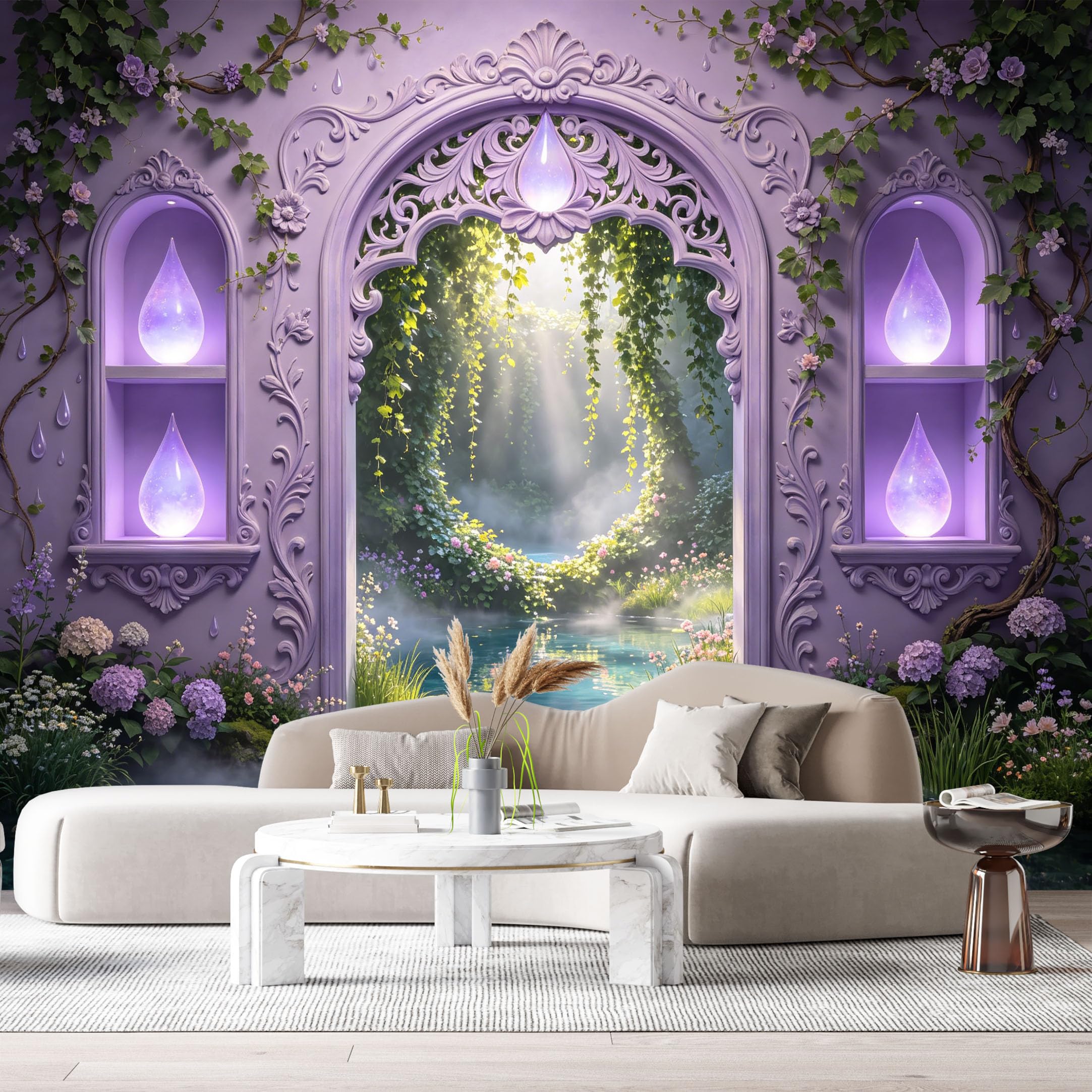 Custom Size Wall Murals Fantasy Portal Lavender Archway Botanical Jungle 3D Trompe L'Oeil SelfAdhesiveWall Fabric Removable Wallpaper Wall Decor for Living Room Bedroom Bathroom