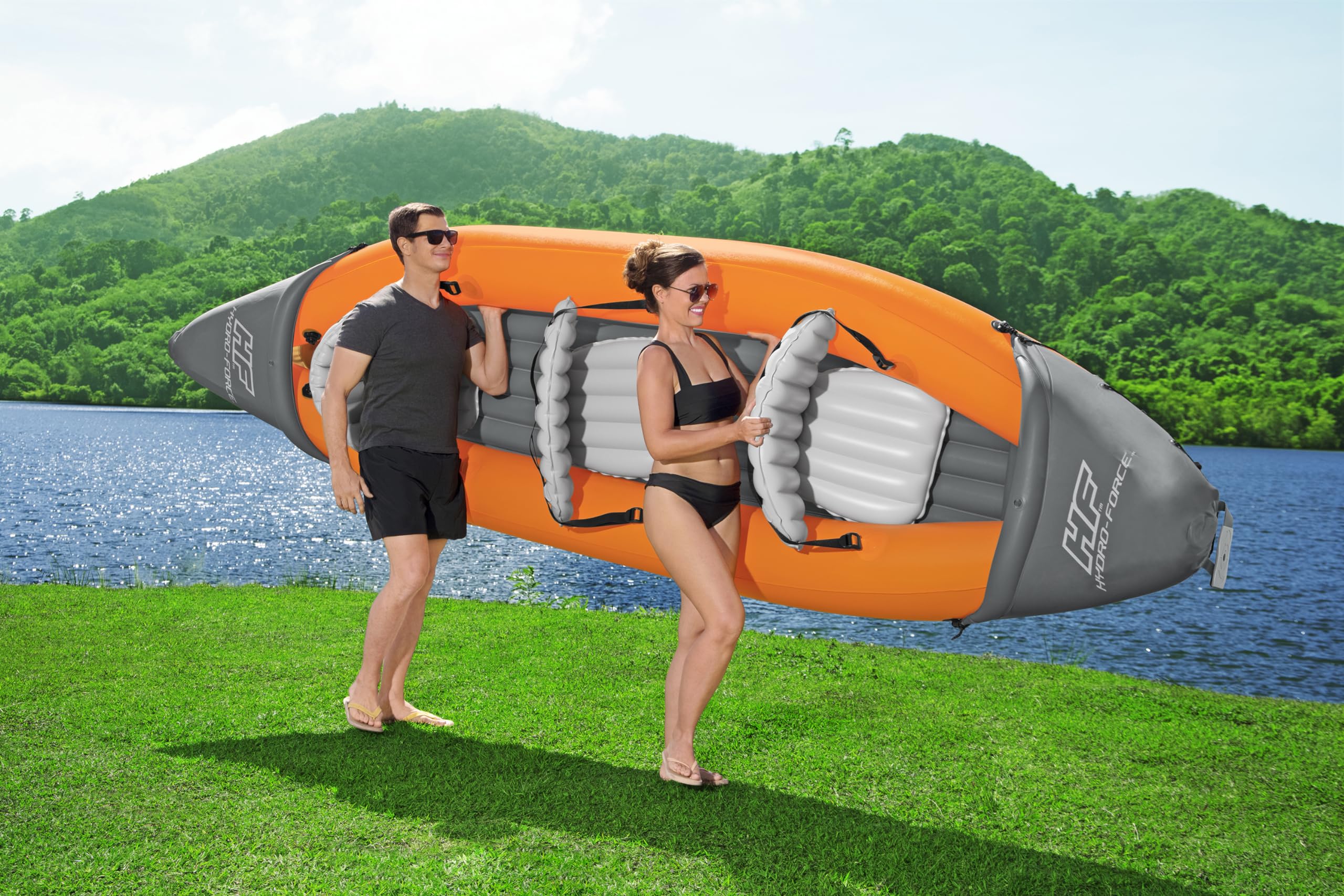 Bestway | Hydro-Force Rapid X3 Kayak | Juego de Botes inflables con Bomba de Mano, Remo, Asientos, Aletas y Bolsa de Almacenamiento | Tres plazas