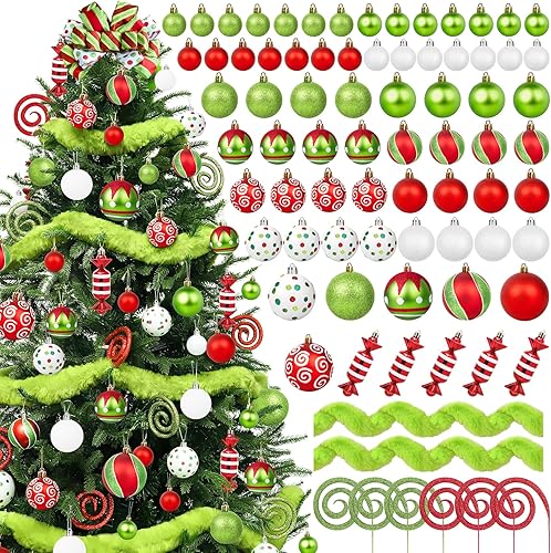 Miniatura 1 de Ouddy Decor Juego de 92 adornos de bolas de Navidad, bolas colgantes de elfo brillante, bastón de caramelo, menta, rojo y verde, adornos de árbol de