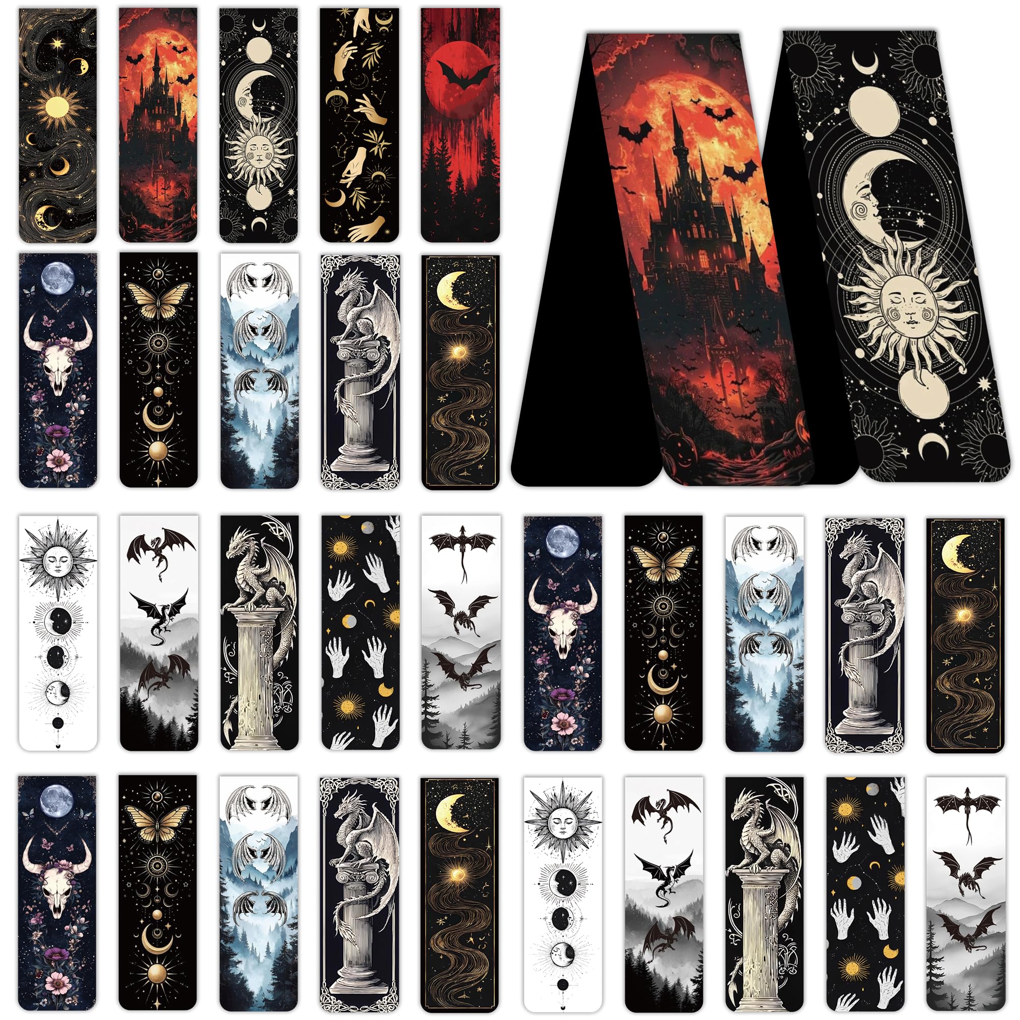 Tarot Magnetic Bookmarks: 30 Pcs Witch Dragon Gothic Horror Bookmark Set, Occult Theme with Mystical Designs for Readers, Wiccan Gift for Imaginative Lovers and Collectors