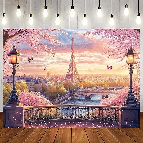 Miniatura 2 de Fondo de fotos de la Torre Eiffel de París, telón de fondo de flor de cerezo para sesión de fotos, telón de fondo de boda para pared, 6 x 4