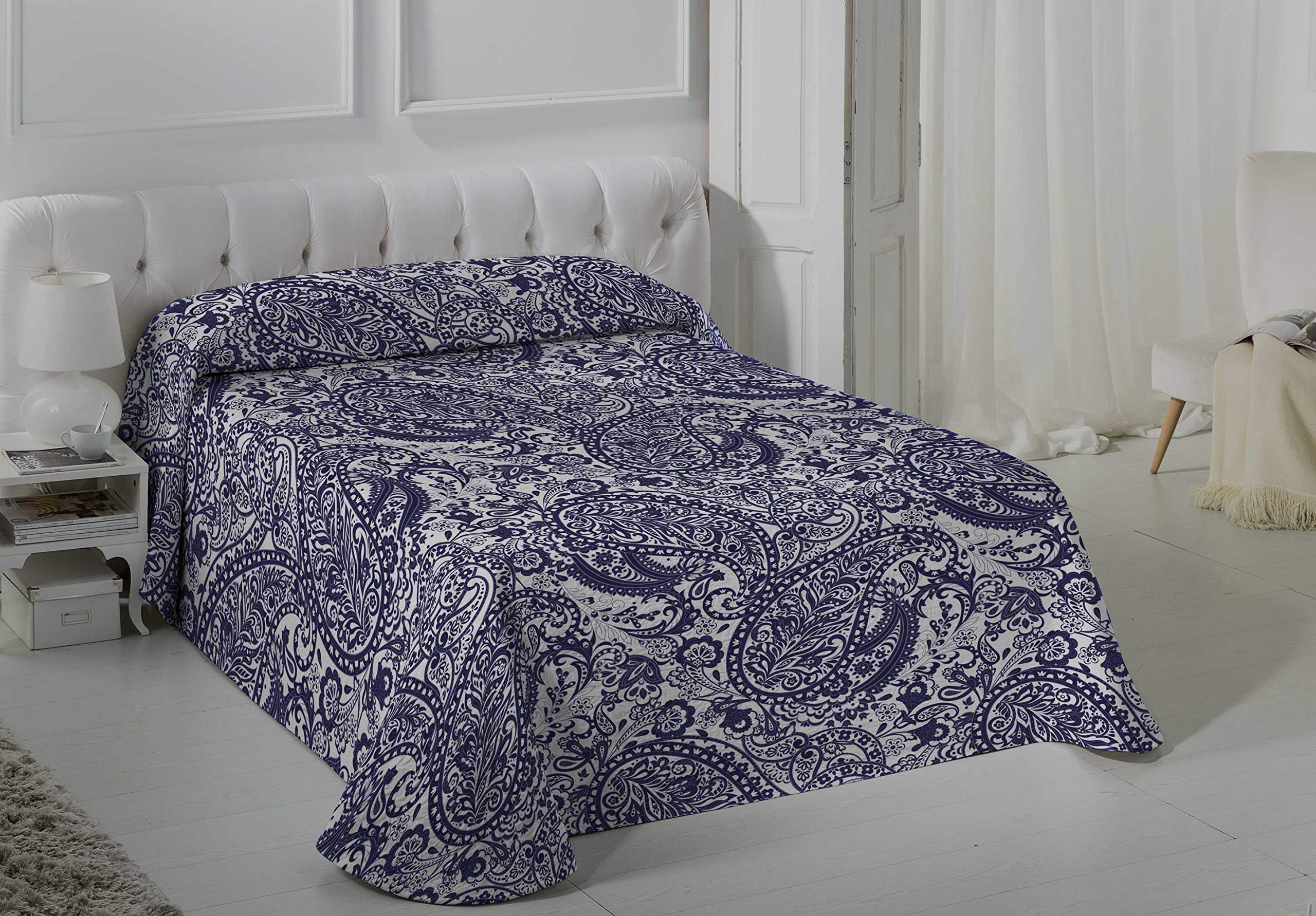 VIALMAN Colcha Bouti Ligero Sofia 29 con un Diseño de Cachemira para Cama de Matrimonio de 150 cm | Colcha Cachemir 150 | Colcha Paisley 250x270 cm, Color Azul Marino