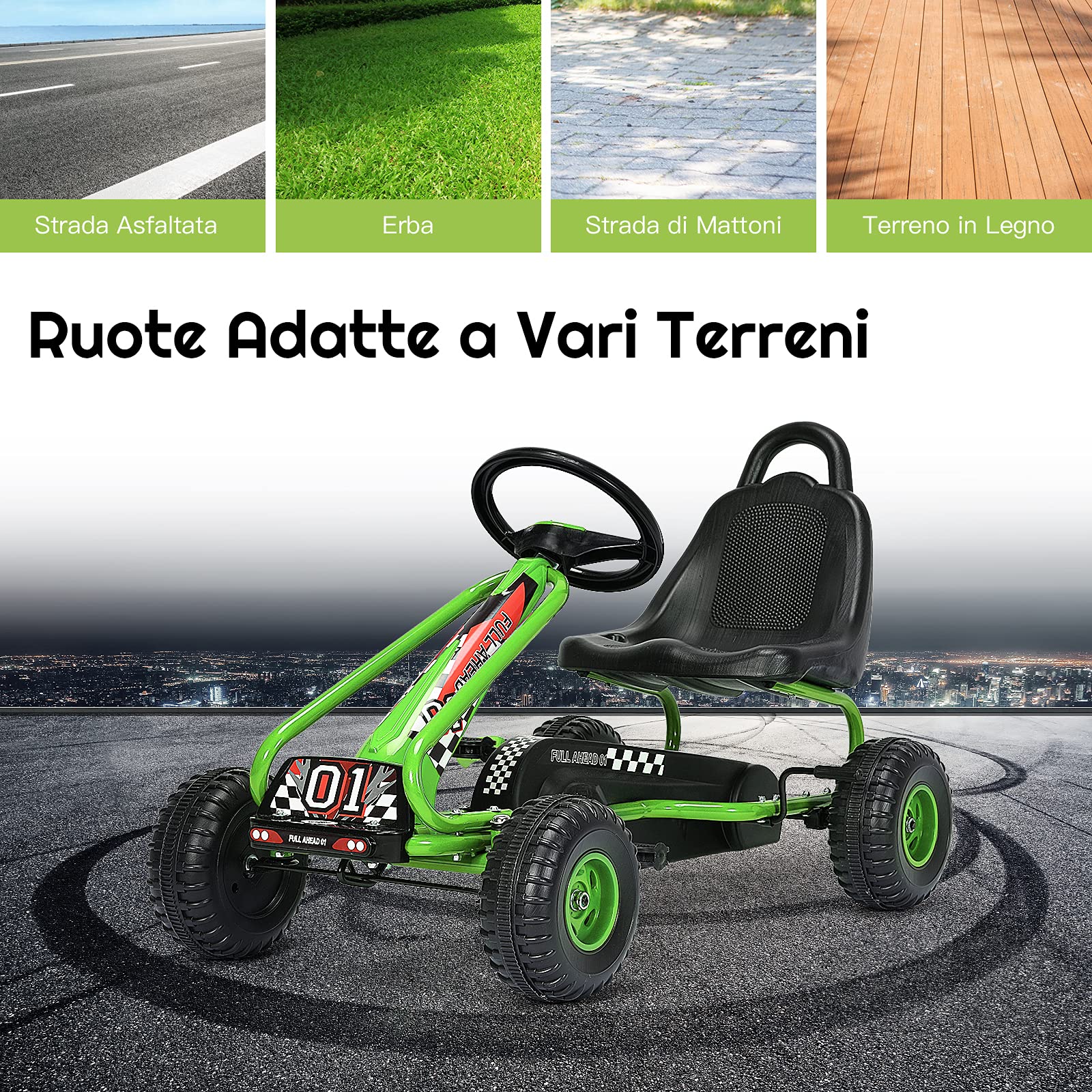 Go Kart dla Dzieci RELAX4LIFE 4 Koła, Fotelik Regulowany, Hamulec Ręczny, Zielony
