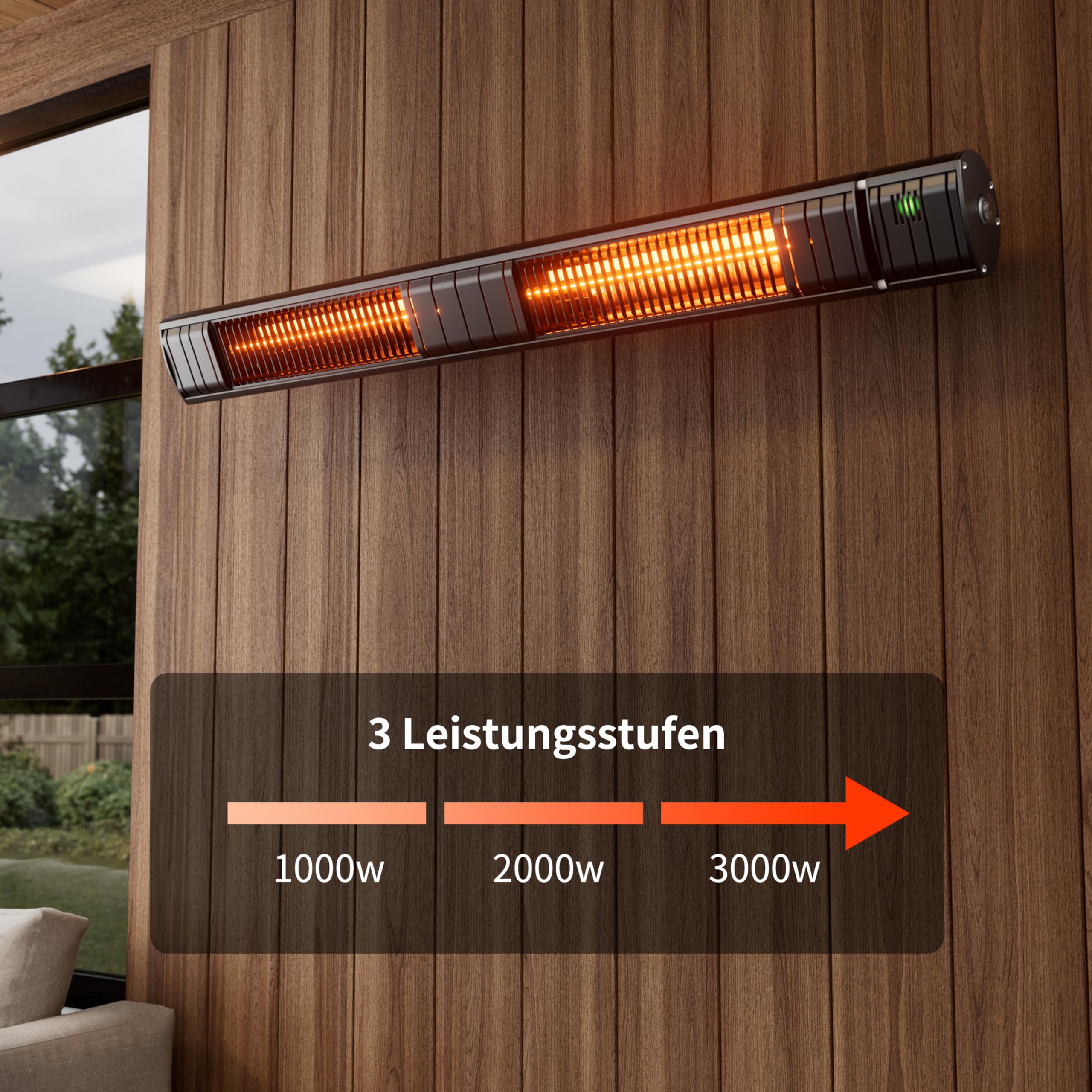 Heizstrahler Terrasse, Infrarotstrahler 3000W, Elektrisch Wärmestrahler mit 3 Heizstufen, Wandmontage, IP65 Wasserdicht, Infrarot Terrassenheizer für Garten Terrasse & Balkon, Schwarz