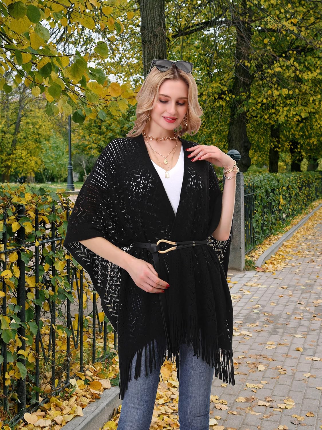 Knit Shawl Wrap for Women - Soul Young Ladies Fringe Knitted Poncho Cardigan Cape - Image 2