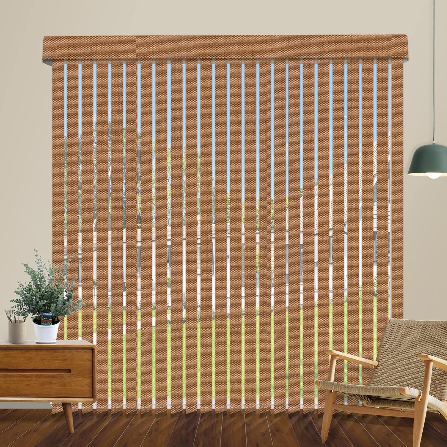 Cordless Blackout Vertical Blind, Camel yellow Custom 3.5 Inches Slat Faux Linen