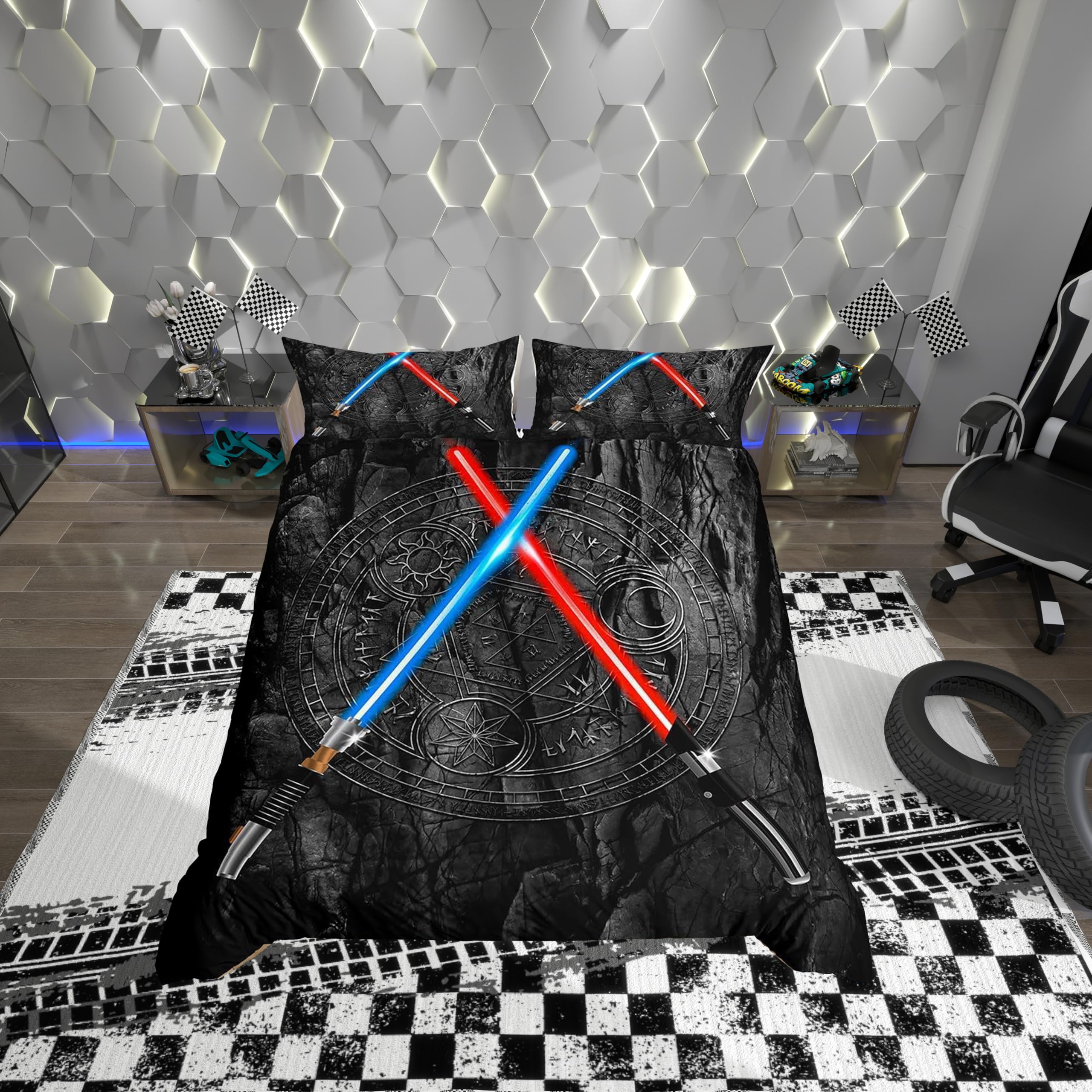 feelingyou Light Up Sword Single Size 3D Neon Blue Red Bedding Set 2Pcs Geometric Sun Moon Round Quilt Cover for Kids Boys Girls Teens Room Decor Fashion Vintage Stone Wall Duvet Cover,Black