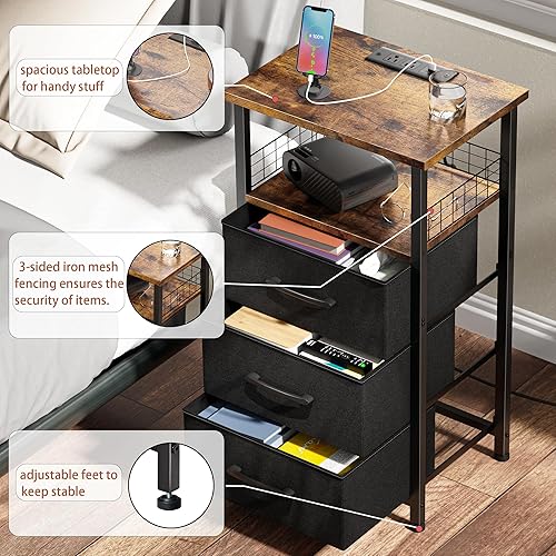 Miniatura 27 de Juego de 2 mesitas de noche con estación de carga, juego de 2 con tira de luz LED de 20 colores, 3 cajones de tela, mesita de noche con puertos USB