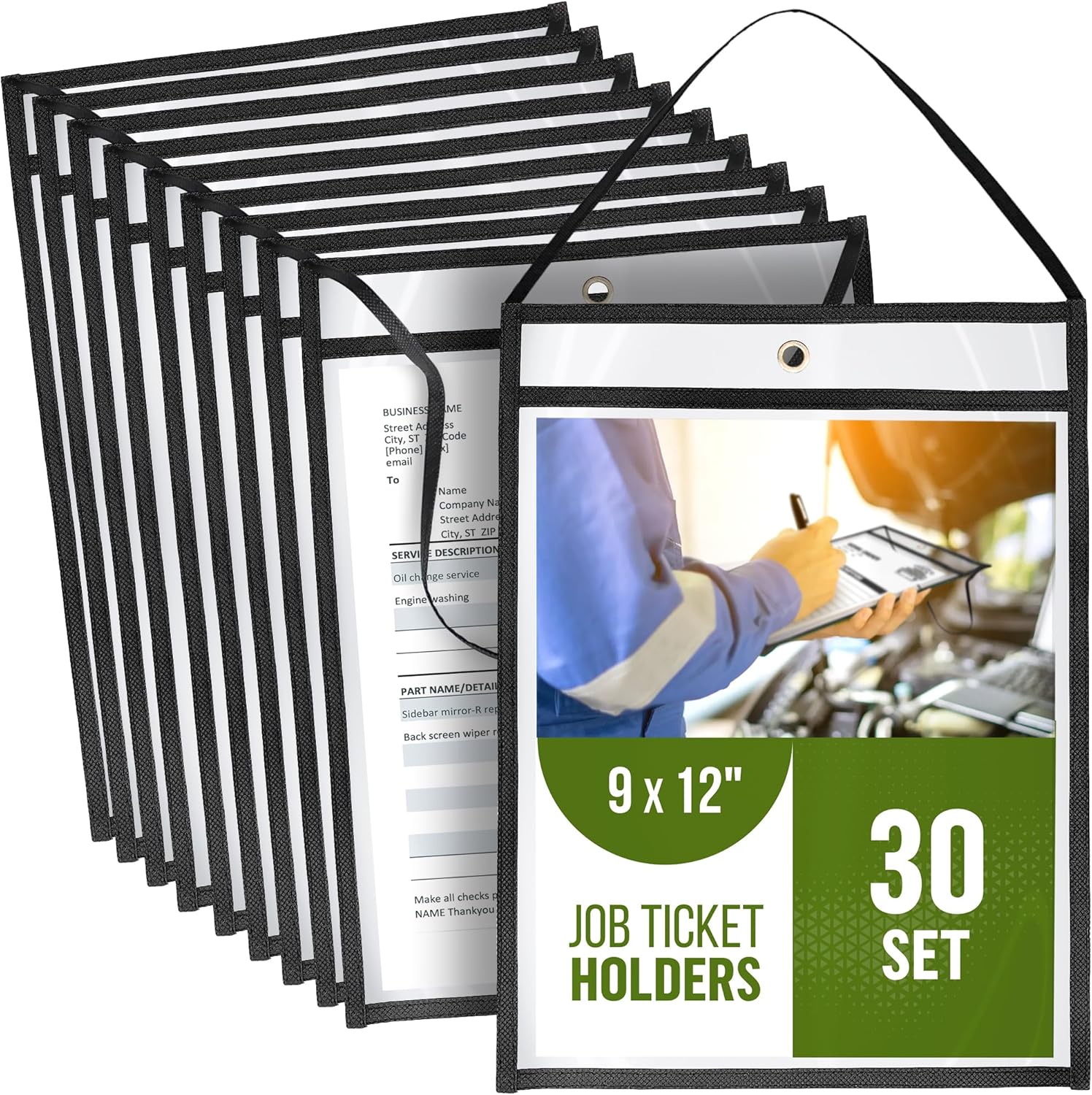 30 Pack Job Ticket Holders 9x12 with Strap - Hanging Shop Ticket Holders - Work Order Plastic Sleeves for Documents - Dry Erase Pocket Sleeves - Dry Erase Pockets - Clear Pocket Sleeve 9 x 12
