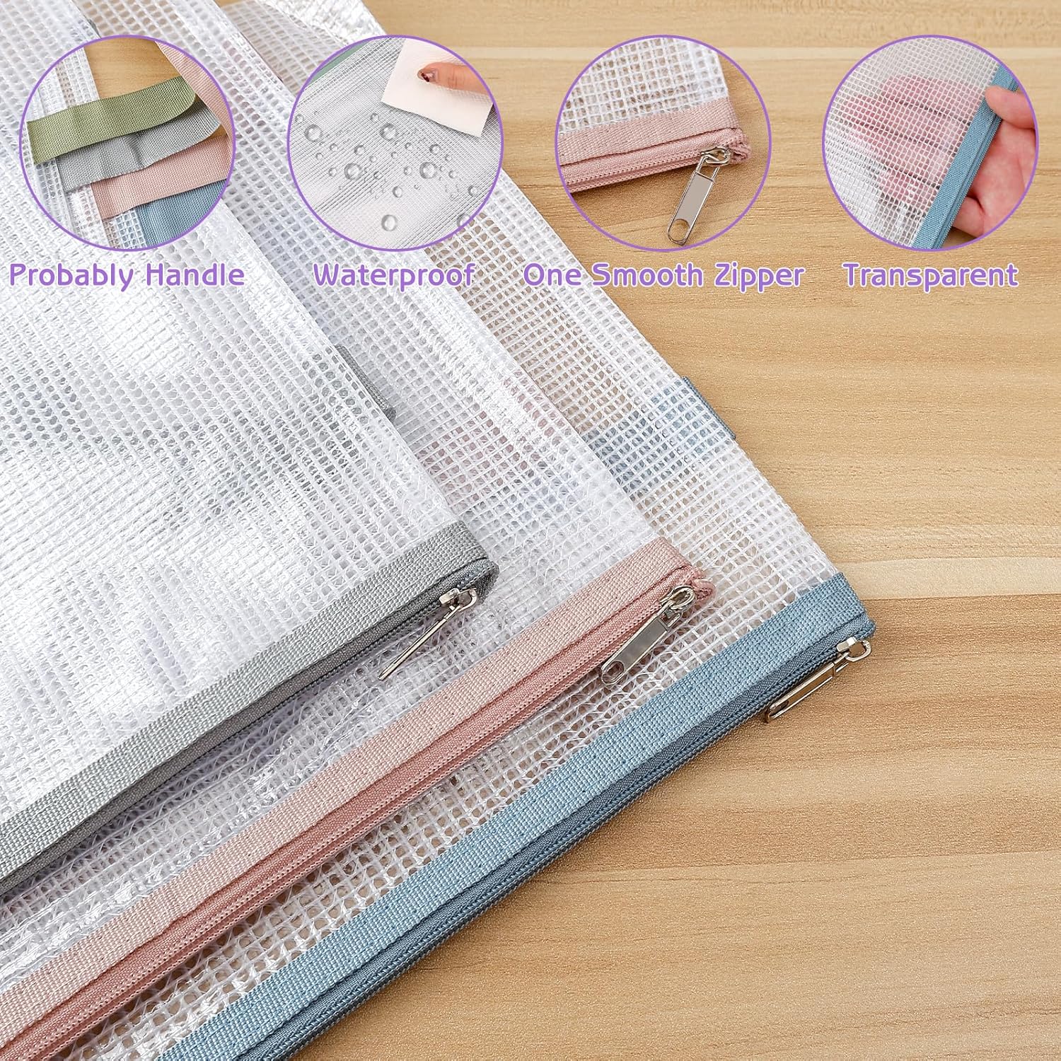 5Pcs A4 Mesh Zipper Pouch Bags with Handle, 13x9 Inches 5 Colors Clear Waterproof Plastic Storage Bag, Reusable Organizing Pouches for Toy File Board Game (Single Layer) - Image 3