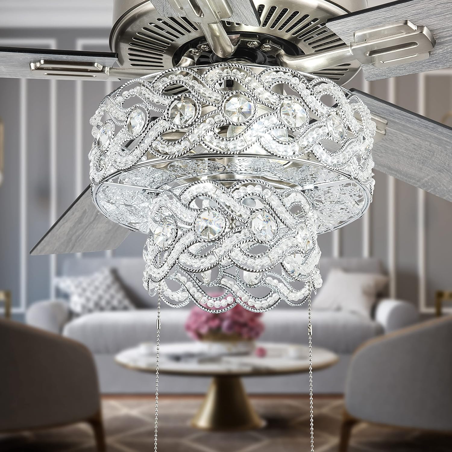 Flаѕh Dеаlѕ - 40% оƒƒ River of Goods Glam 52 Inch Width Tiered Crystal Chandelier LED Ceiling Fan, Clear