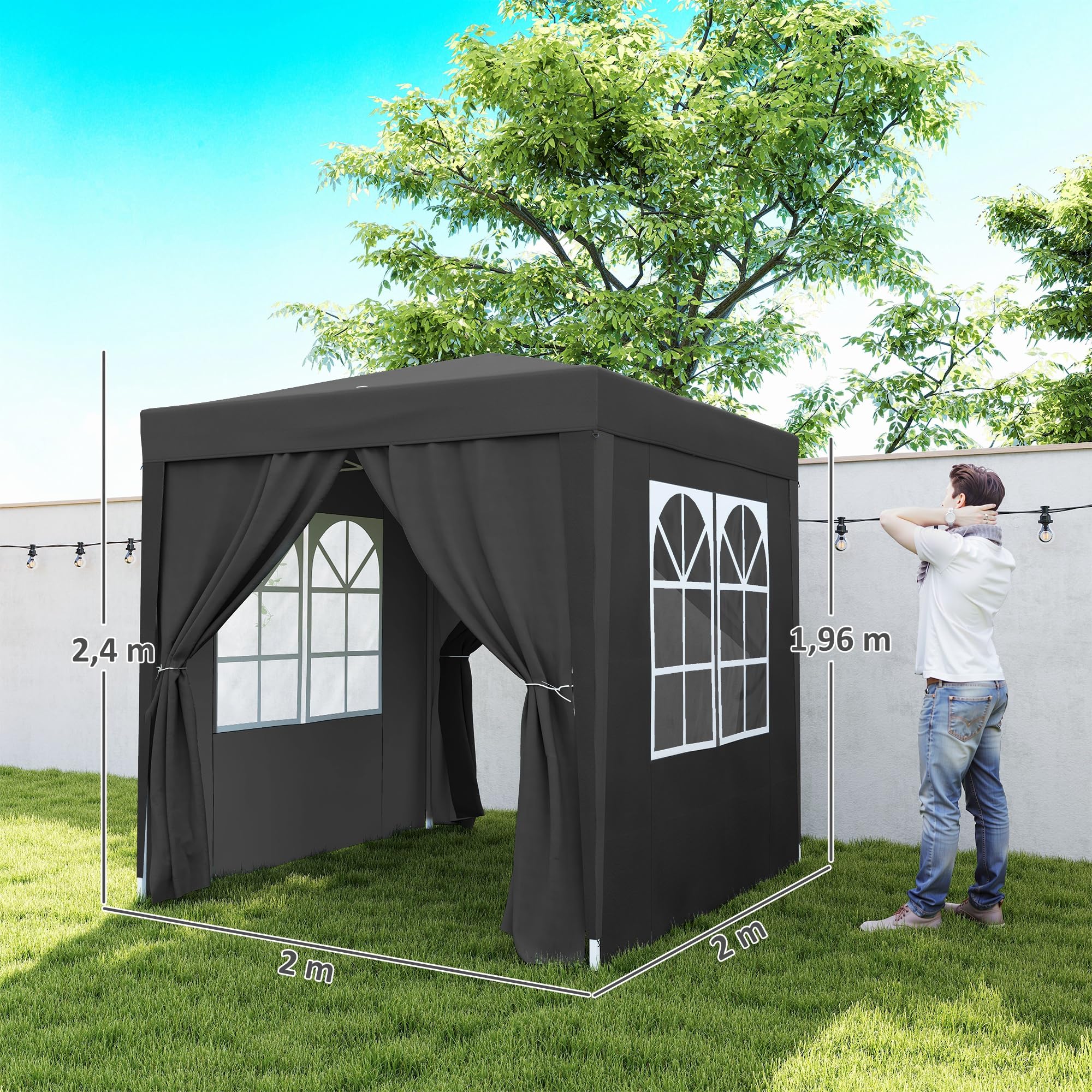 Outsunny Tonnelle de Jardin Pliante Pop-up 2 x 2 m, Protection UV, Cadre en Acier, 4 côtés Amovibles, Noir