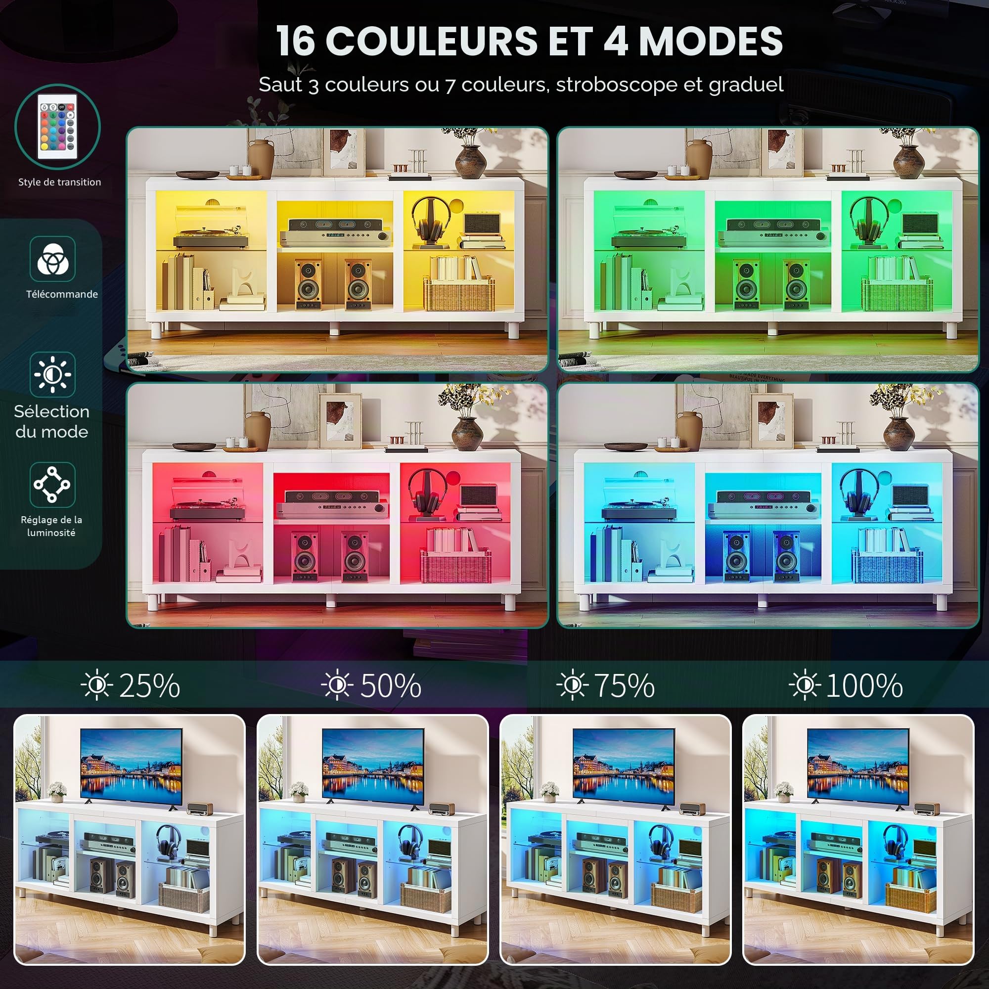 YITAHOME Meuble TV LED, 148 cm Meuble Télé pour TV de 55/60/65" avec Armoire pour PS5, Éclairage LED RGB avec Couleur réglable Moderne, avec étagères en Verre réglables, pour Salon, Chambr (Blanc)