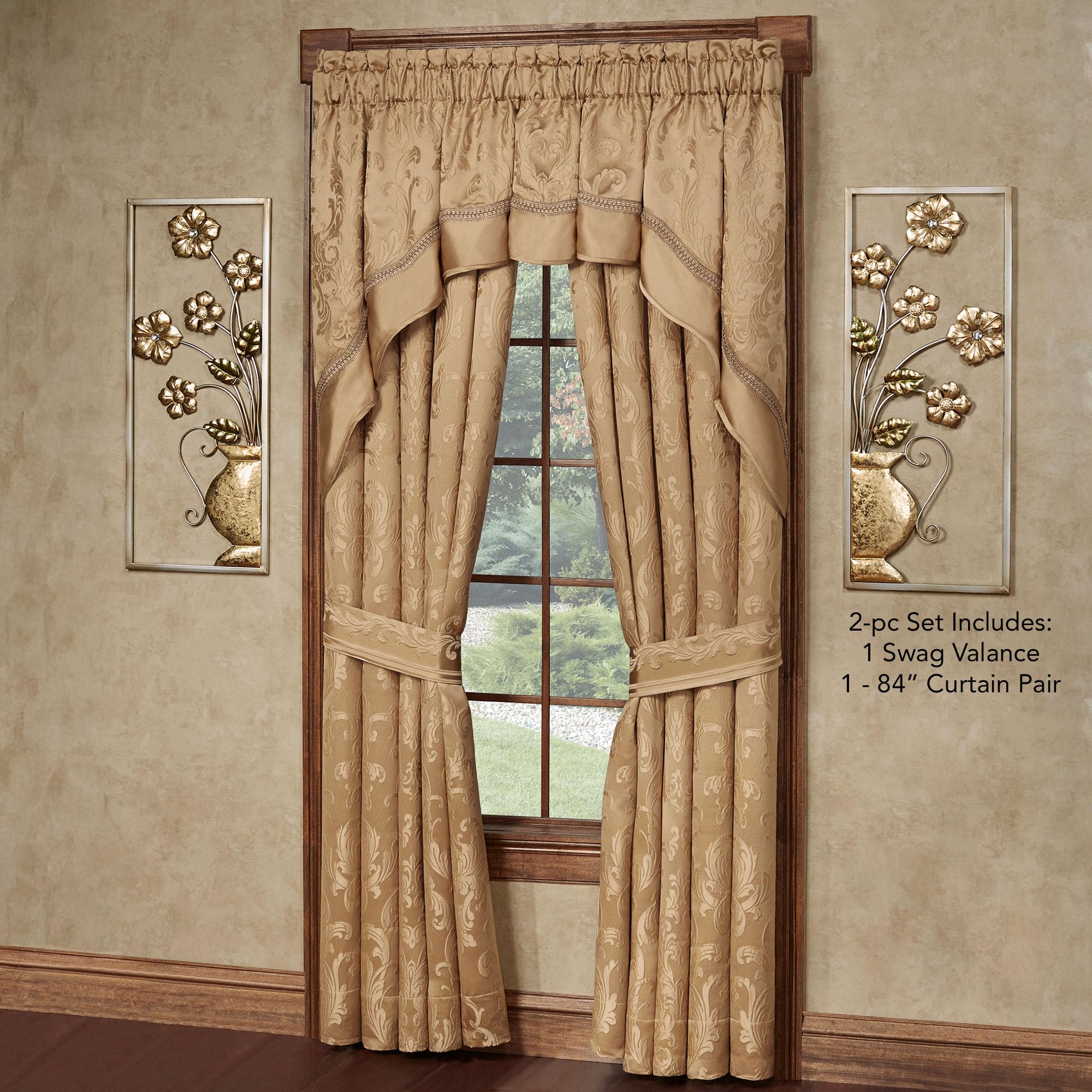 Monaco Classic Luxury Window Treatments | Royal Monochromatic Metallic Gold Hues | Puff Jacquard-Woven Acanthus Leaf Damask Designs | Lined, Wide Drapery Set Includes Swag Valance & 84L Curtain Pair