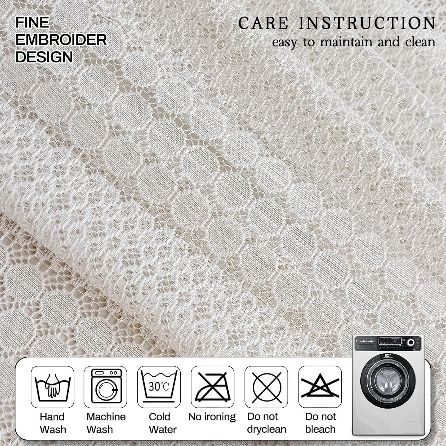 AmHoo 2 Panels Boho Vintage Lace Semi Sheer Curtain Farmhouse Voile Curtains for Living Room Bedroom Window Treatment Bright White 55 x 63 Inch