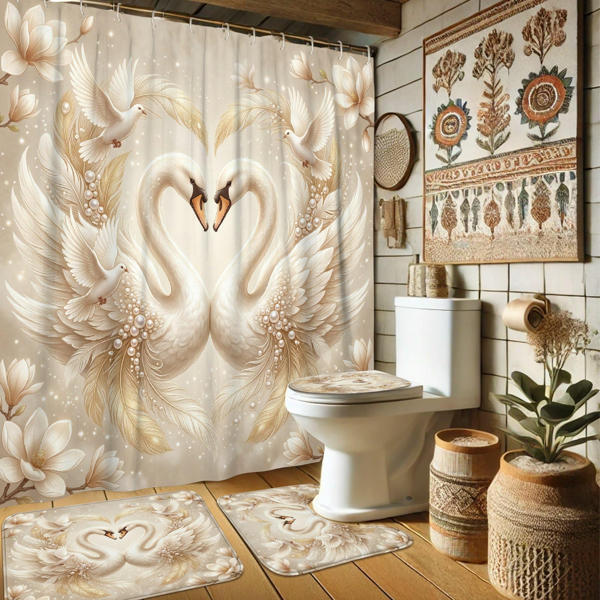 Rideau de douche magnolia blanc et cygne élégant, textile lavable de qualité