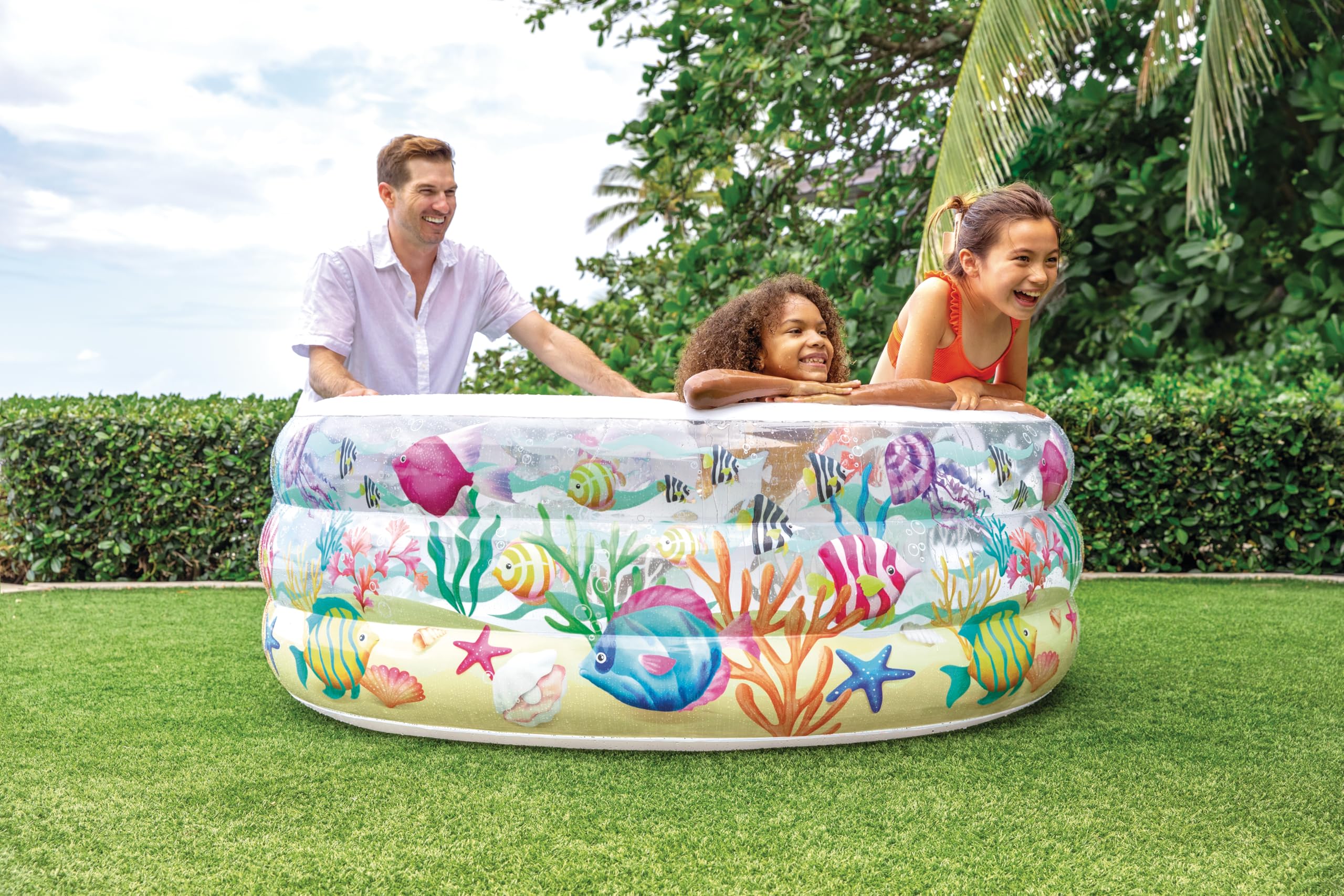 Intex Piscina Hinchable Redonda Infantil, Ø 152x56 cm, 360 litros, Suelo Hinchable, Diseño Animales Marinos, Tapón de desagüe, Juegos para niños, Vinilo Resistente, Parche Incluido, +6 años (58480)