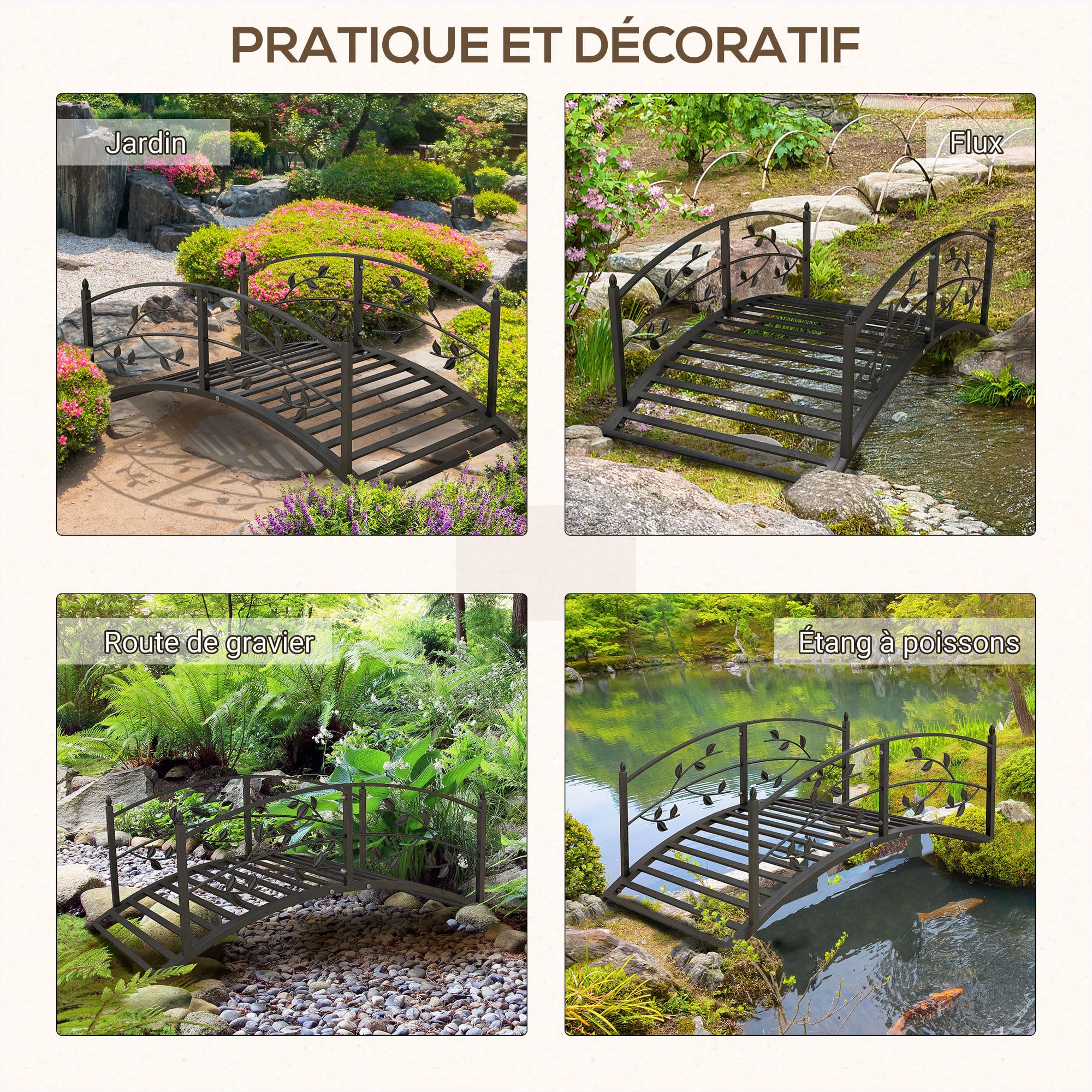 Outsunny Pont de Jardin - Pont de Bassin - décoration du Jardin dim. 119L x 67l x 47H cm avec Balustrade Motif de Vigne Acier Noir