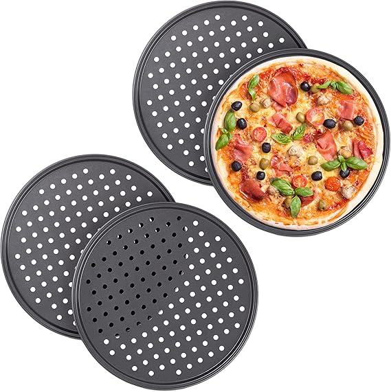 Plaque à pizza Relaxdays, lot de 4, ronde, perforée, antiadhésive, acier, ∅ 32 cm, anthracite