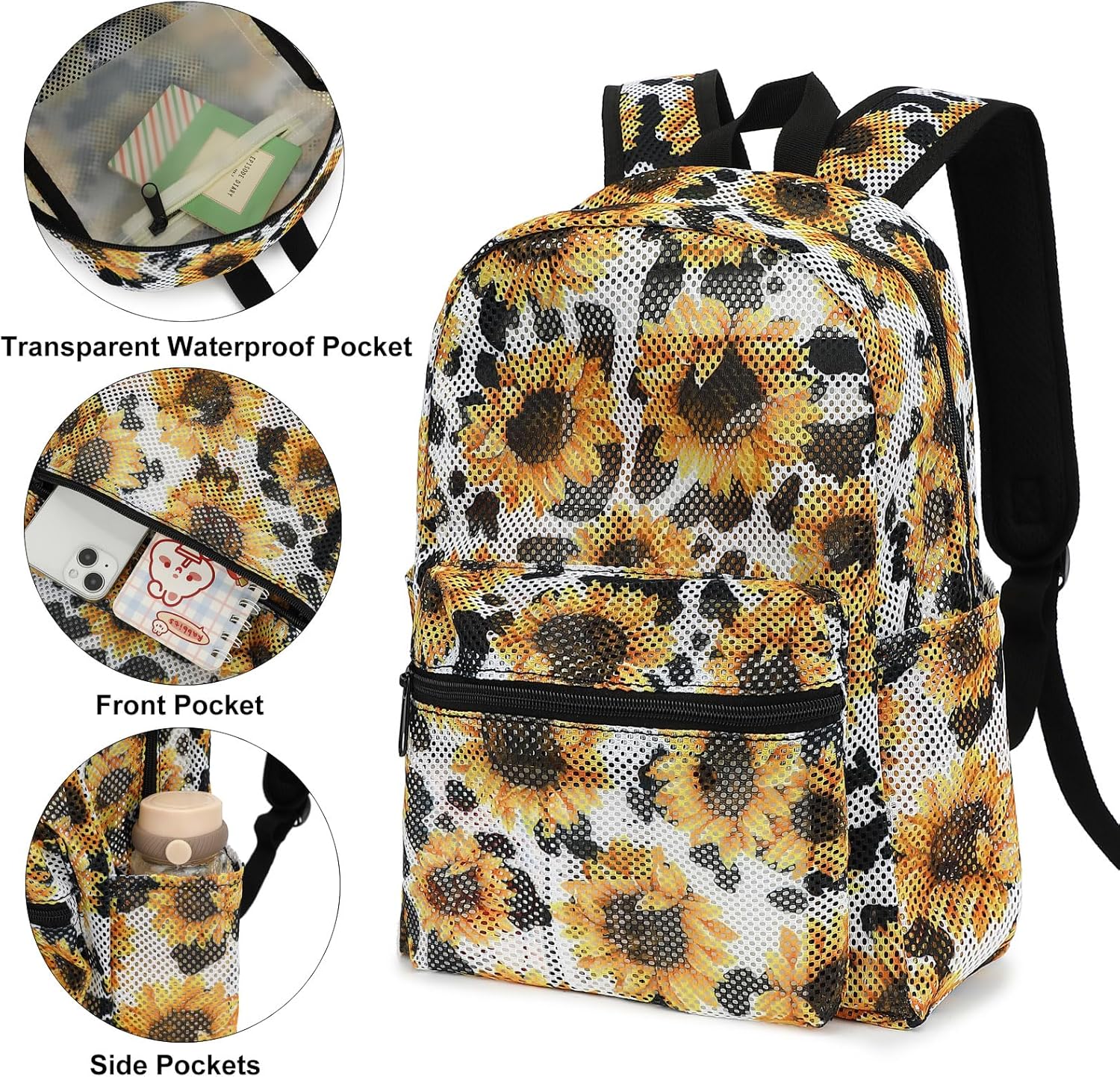 Sunflower Cow Print Mesh Backpack for Girls, kids Women School Backpacks Semi-Transparent Bookbag See Through Beach Bag Daypack - Image 4