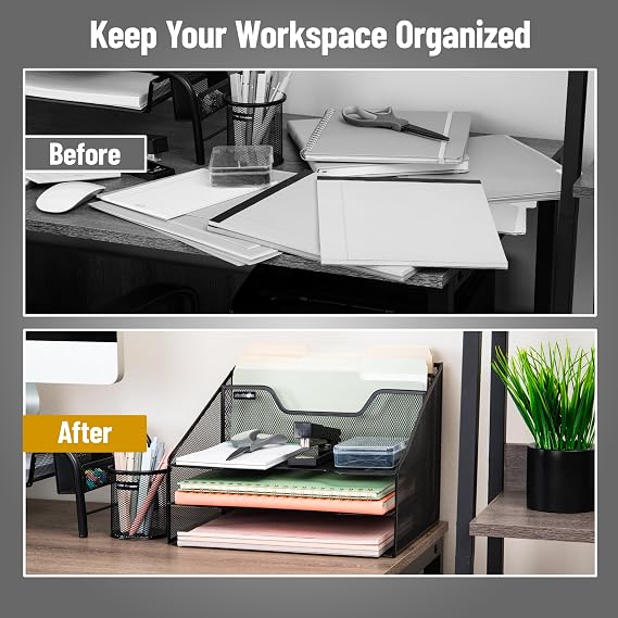 Mind Reader Metal Mesh Desktop File Organizer, 3-Tier Paper Tray with 5 Compartments, Office Mail Sorter, Black