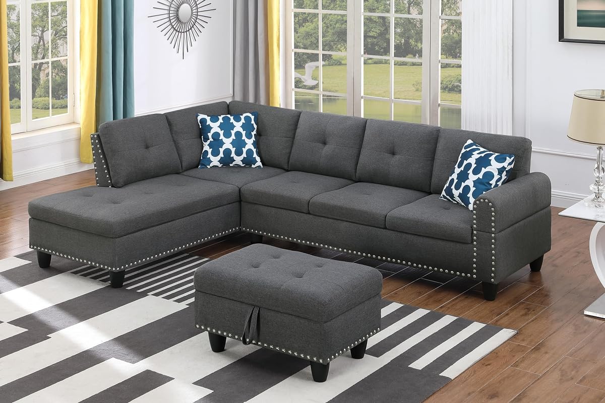 Wakefit Sectional Sofa Couches for Living Room, 98" L Shaped Couch | Modern 4-Seaters Living Room Furniture Sets with Chaise Lounge, Ottoman and 2 Pillows | Cup Holder | Linen Fabric, Dark Gray