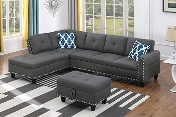 Wakefit Sectional Sofa Couch, Modern 4-Seaters Living Room Furniture Sets with Chaise Lounge, Ottoman & 2 Pillows | L Shape Couch | Cup Holder | Linen Fabric, Dark Gray