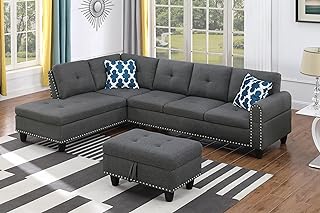 Wakefit Sectional Sofa Couch, Modern 4-Seaters Living Room Furniture Sets with Chaise Lounge, Ottoman & 2 Pillows | L Shape Couch | Cup Holder | Linen Fabric, Dark Gray