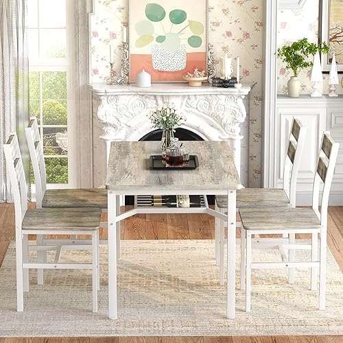 Miniatura 9 de Juego de mesa de comedor Hooseng para 4, juego de mesa y sillas de cocina de madera con almacenamiento, juego de mesa de comedor de 5 piezas estilo