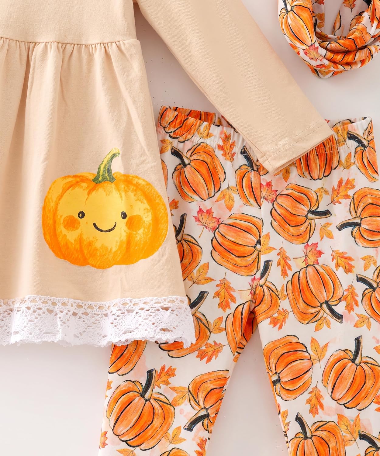 Unique Baby Girls Kids Toddler 3pc Outfit Set Long Sleeve Lace Trim Tunic Top Leggings and Scarf