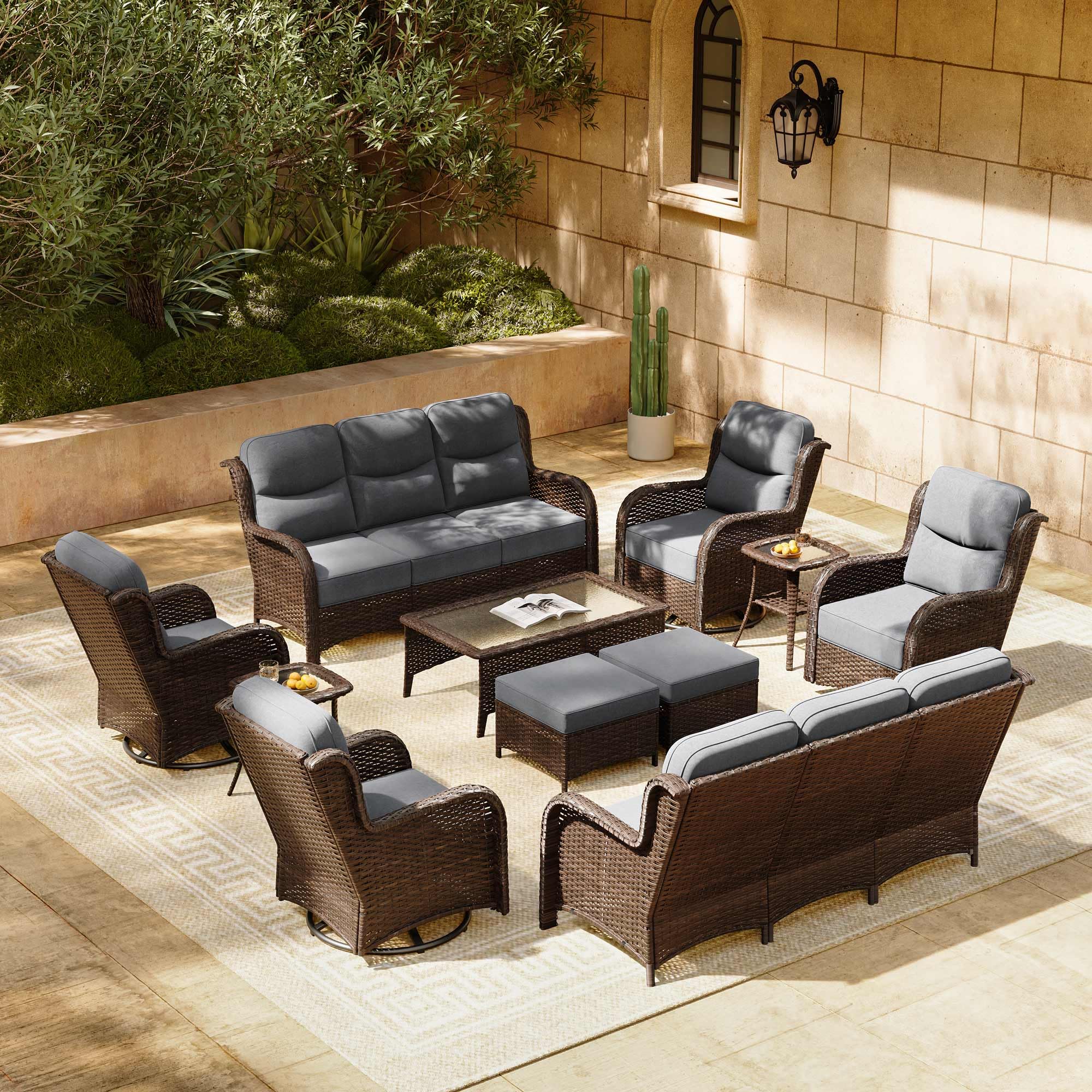 HILLGA Luxury Patio Furniture Set with 6-inch Thick Cushion, Outdoor Couch and High Back Swivel Rocker Patio Chairs, 11PCS Wicker Conversation Set for