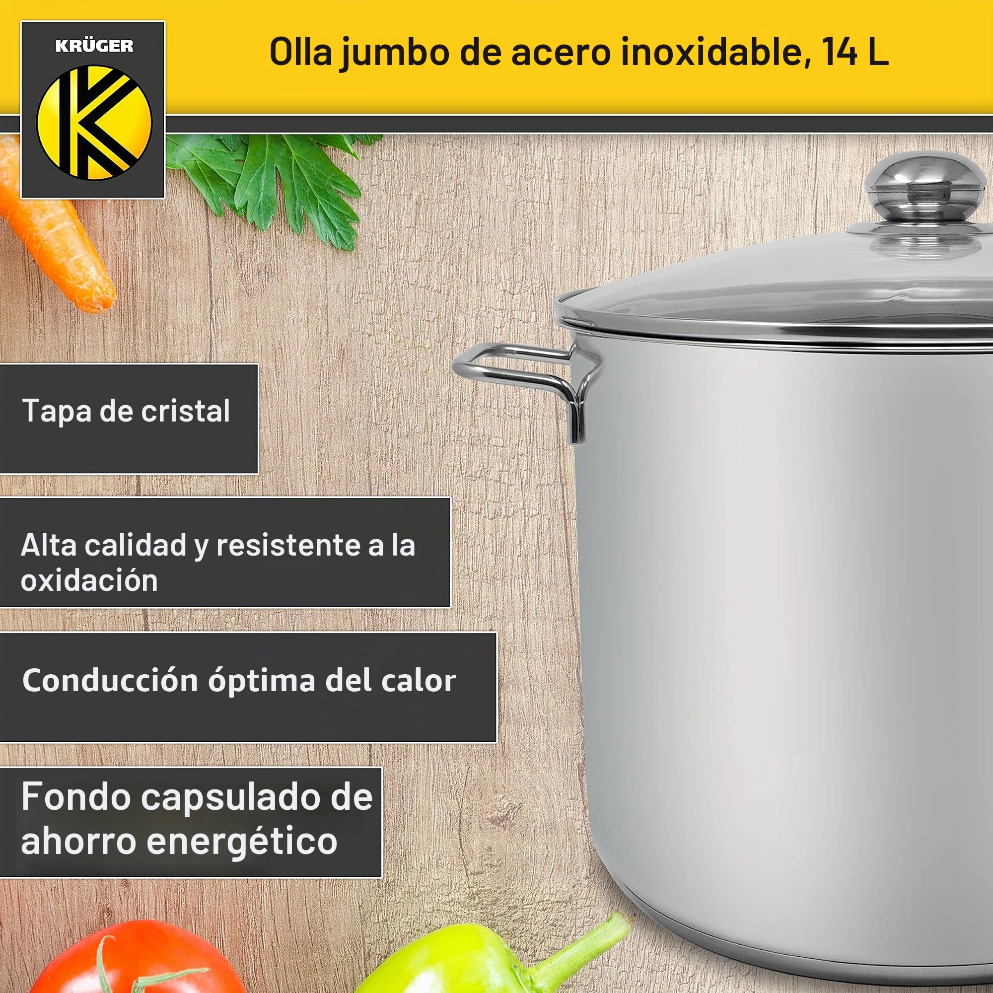 Krüger Olla grande de acero inoxidable con tapa para cocinar a la vista, base de cápsula de bajo consumo y asas de metal frío, ideal para fiestas, fiestas y uso diario (14 litros)