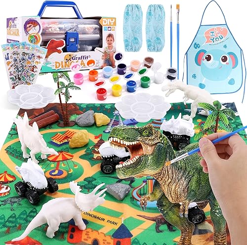 FiGoal - Juego de manualidades para niños, kit de pintura de dinosaurio, creativa tu propio dinosaurio con coches de dinosaurio, suministros de