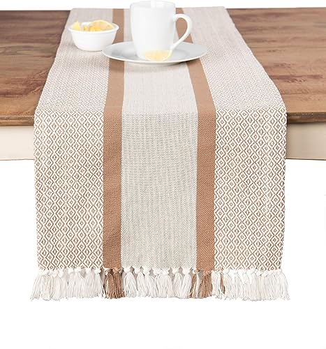 Sticky Toffee Camino de Mesa de Algodón, 14 x 72 Pulgadas, Decoración de Mesa Tejida de Granja Boho a Rayas para Cocina o Comedor, Tela Tan Oeko-Tex