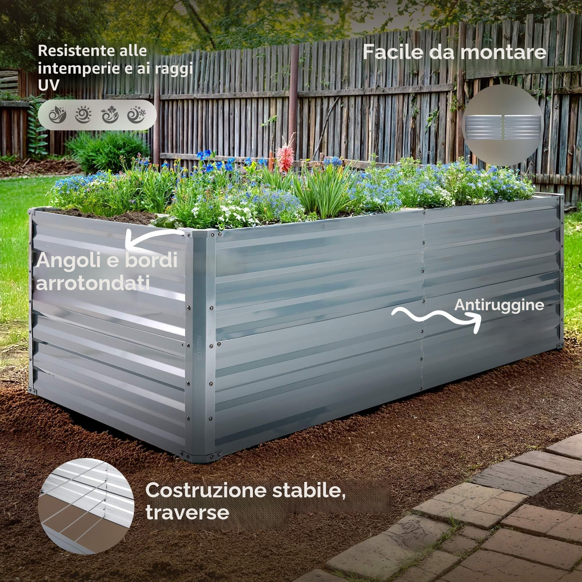 AREBOS Letto rialzato in metallo 240x90x45 cm | letto da giardino in acciaio zincato | letto per piante resistente alle intemperie e alla ruggine | letto rettangolare per orto e patio