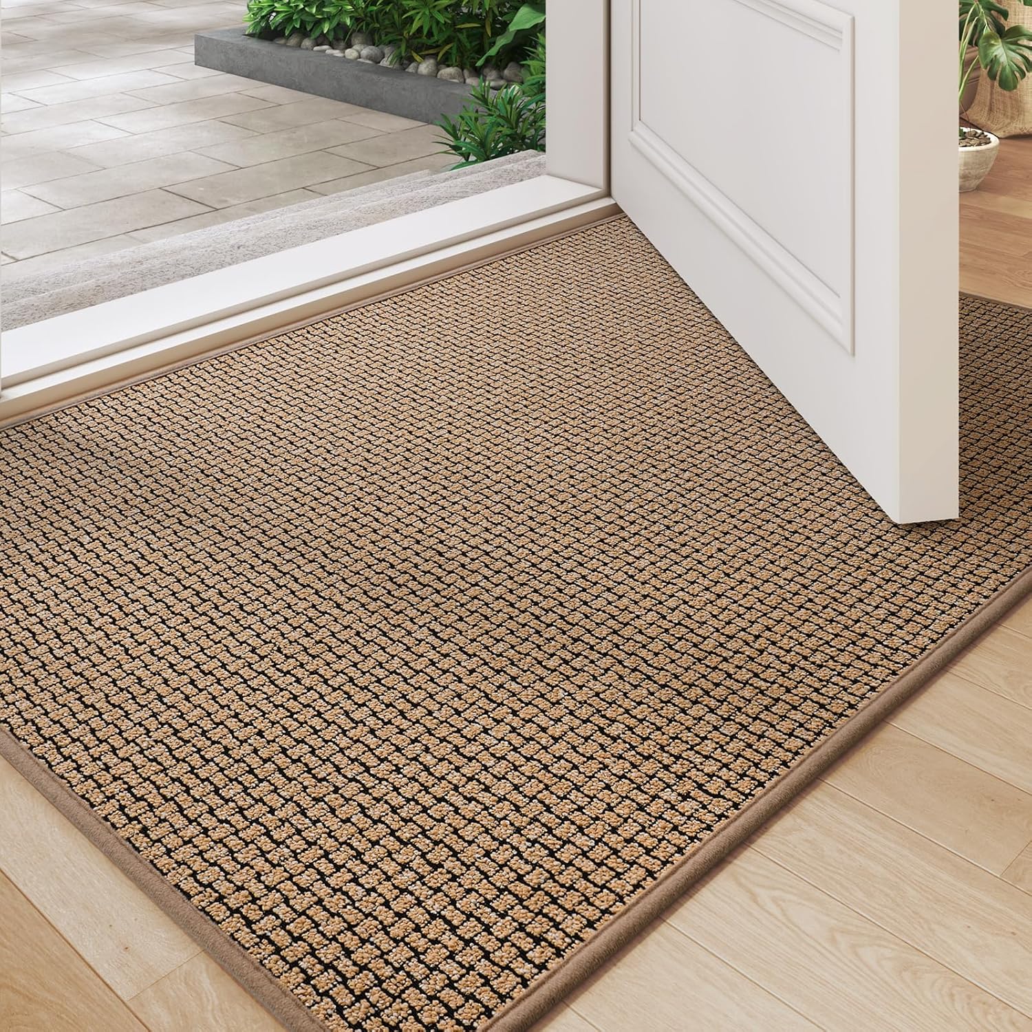 Front Door Mat Indoor Entrance 17"x30", Low-Profile Non Slip Inside Doormat for Entryway, Dirt Resistant Absorbent Front Porch Back Door Welcome Entry Door Mats, Washable Easy Clean, Khaki