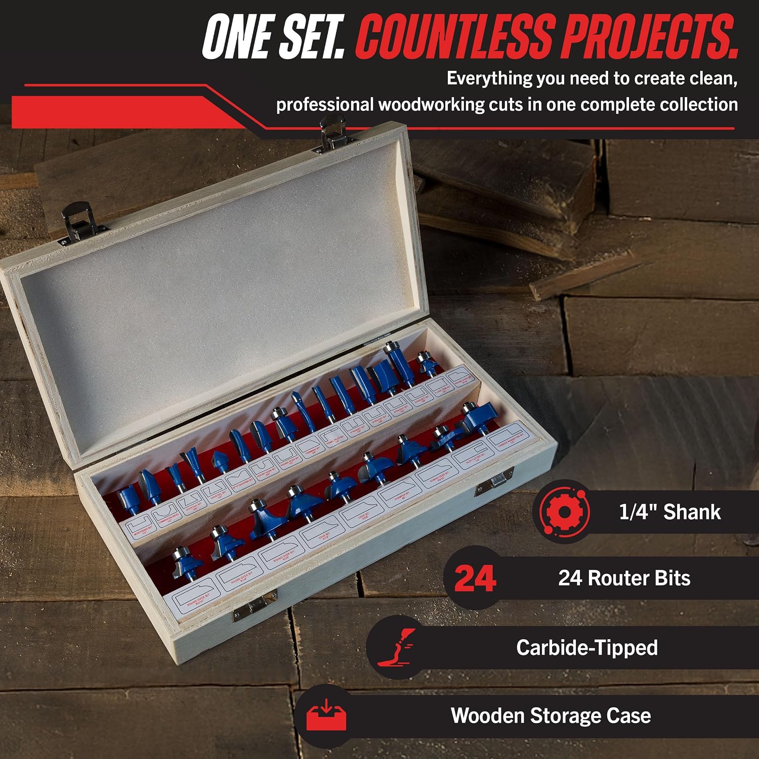 24-Piece Router Bit Set - Wood Routers Kit with 0.25-Inch Shank and Wooden Storage Case - Woodworking Tools for Home Improvements and DIY by Stalwart image 4