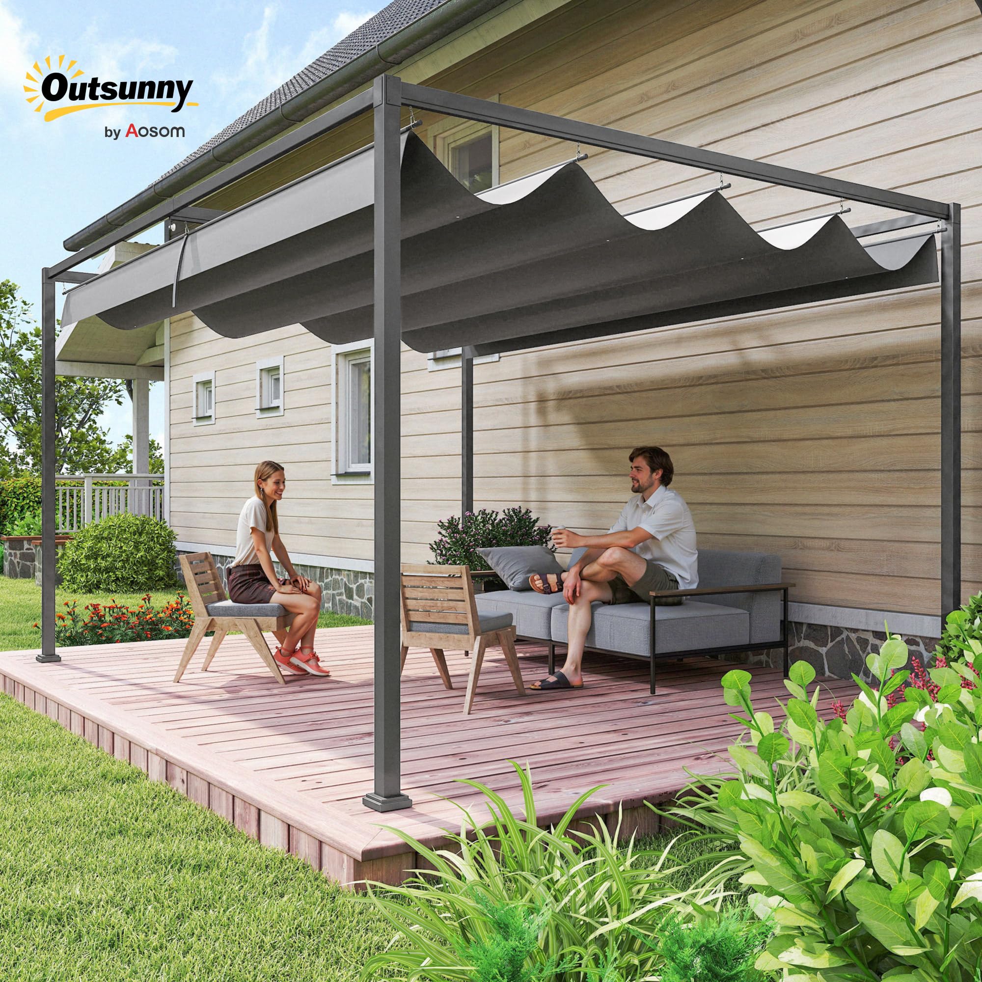 Outsunny Pergola coulissante pergola rétractable 4 x 3 m Structure métal époxy anticorrosion Toile Polyester Haute densité 180 g/m² Incluse Gris foncé