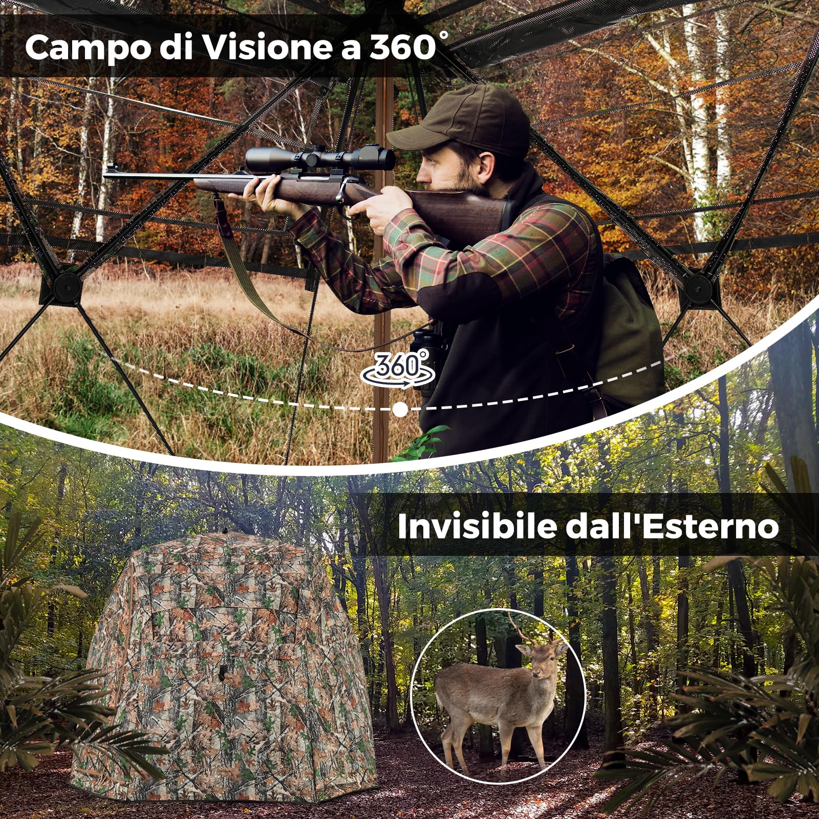 GYMAX Tenda da Caccia 2 in 1, Tenda da Caccia per 2-3 Persone, Tenda da Caccia Trasparente a 360° con Borsa da Trasporto e Porta Completamente Apribile, Tenda Mimetica Pieghevole