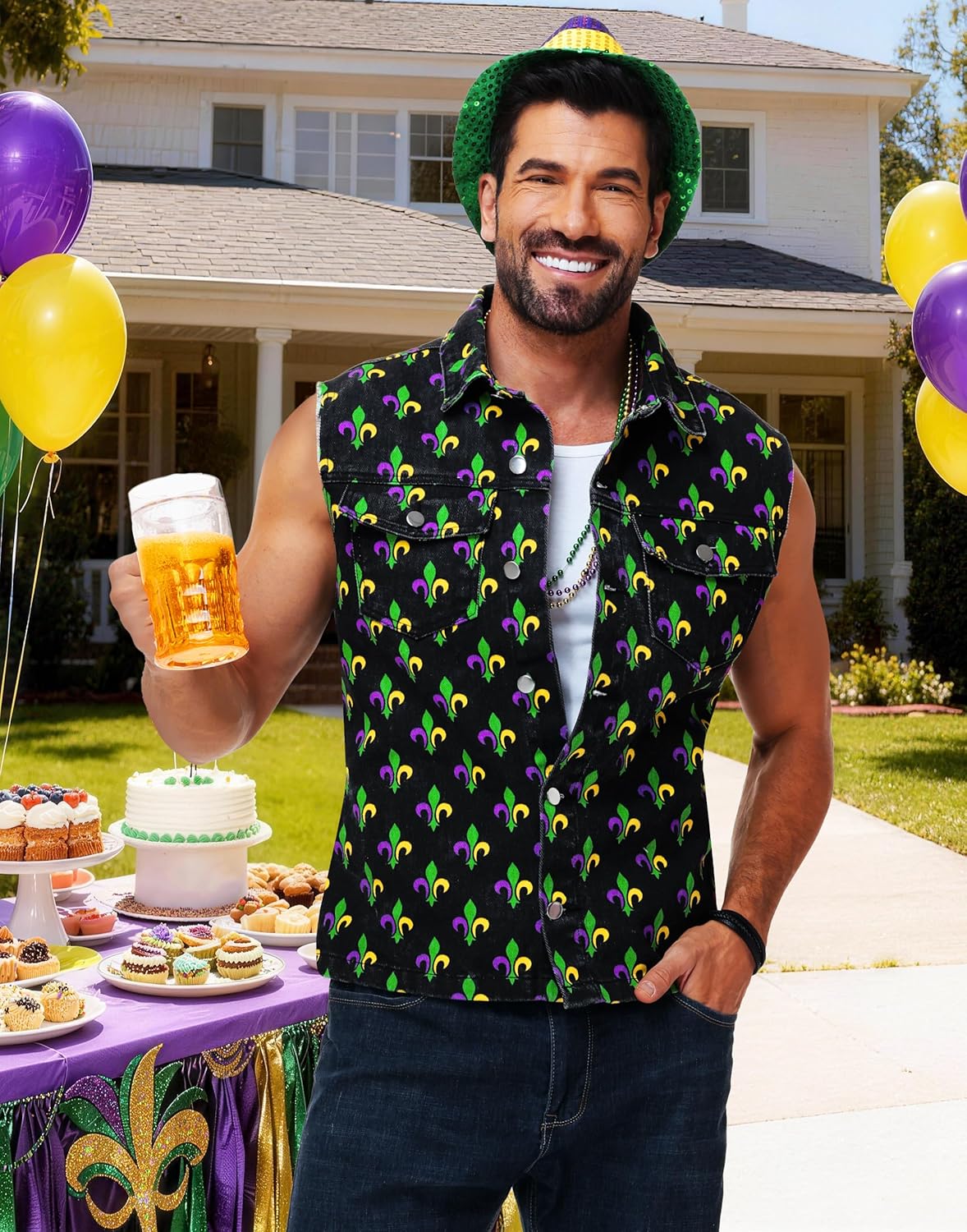 AOBUTE Mens Mardi Gras Denim Vest St Patricks Day Sleeveless Jean Jacket - Image 3