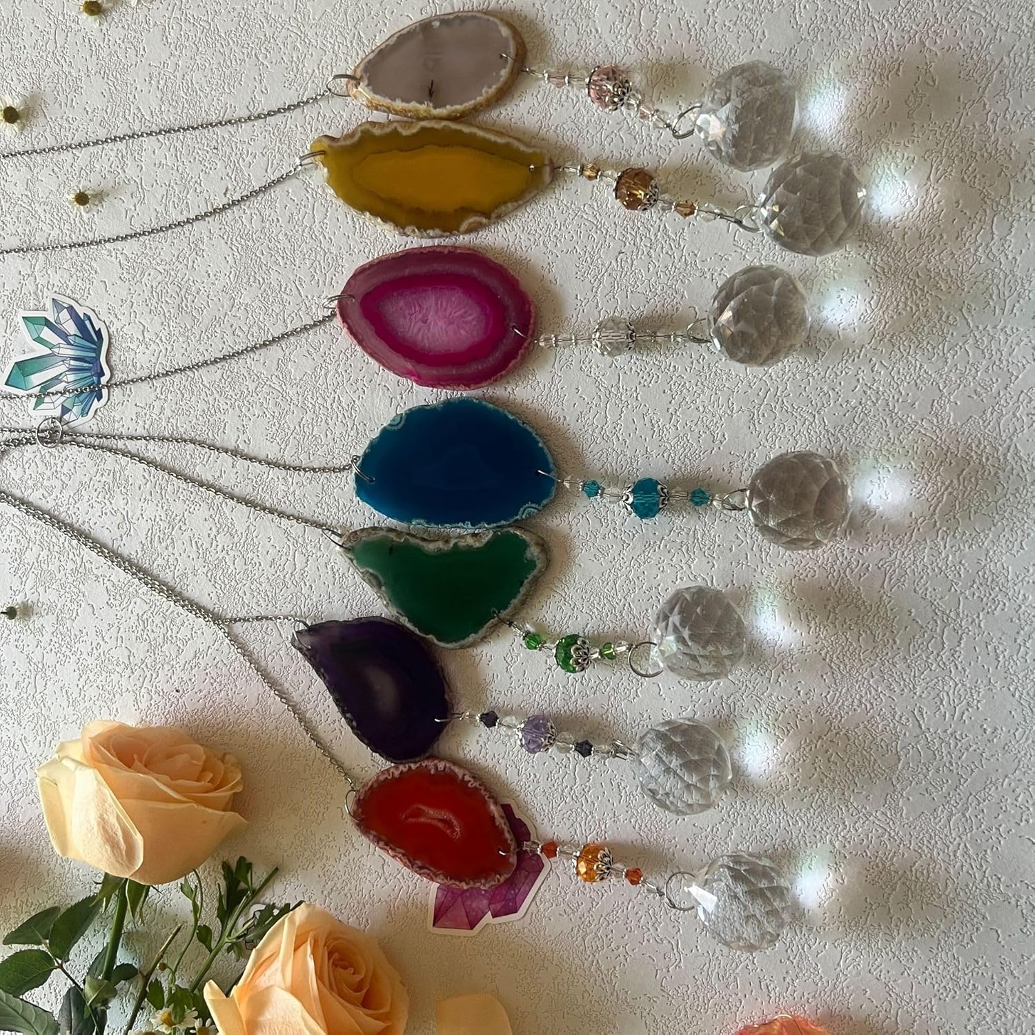 Agate Slice Crystal Sun Catcher – 25–35cm Hanging Prism Suncatcher with Natural Stone for Window, Garden or Car Rearview Decor(7pack)
