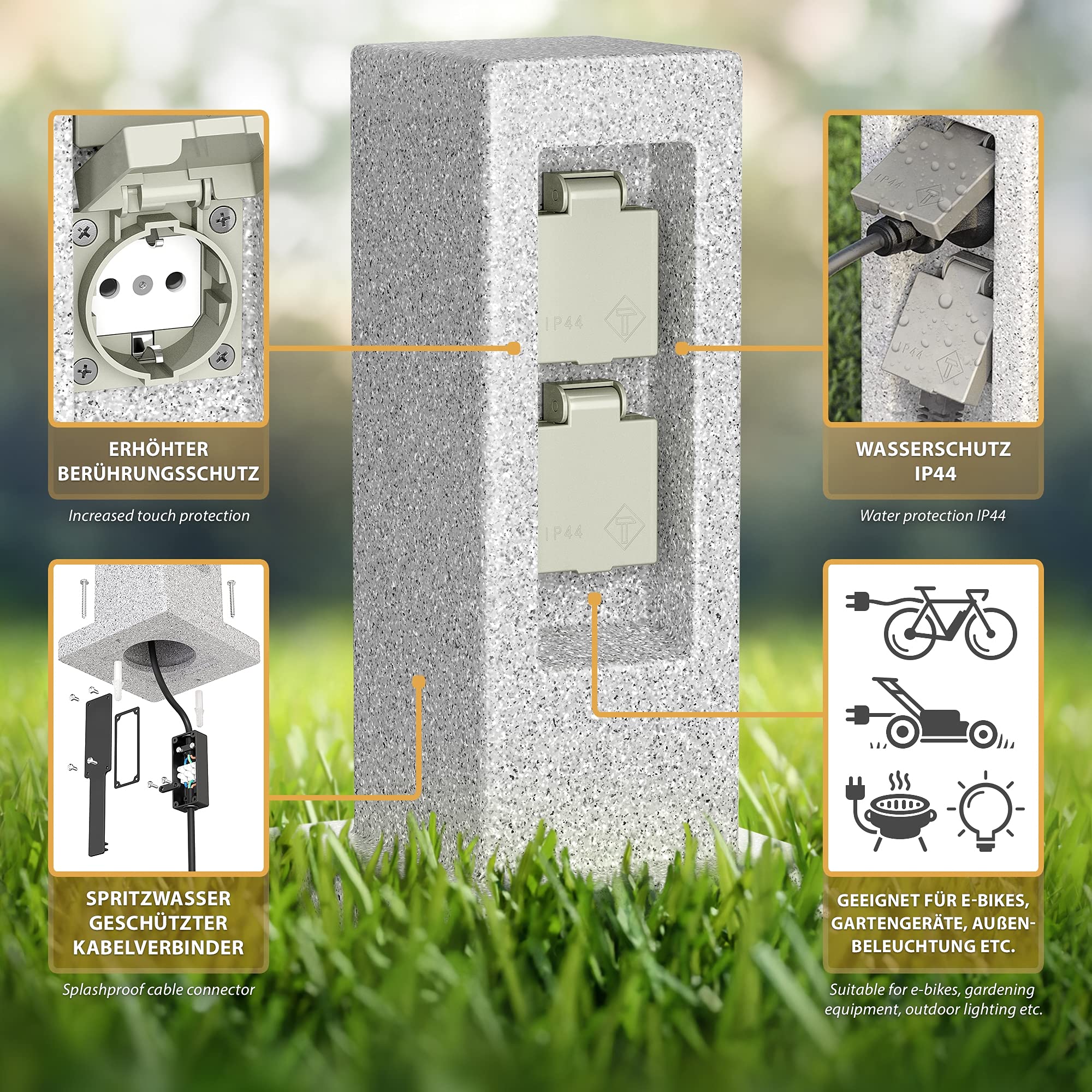 ledscom.de Garten-Steckdosen-Säule Pock mit Erdspieß und 2m Kabel für außen, 2-Fach, Stein-Optik, Kunstharz, eckig, 30cm