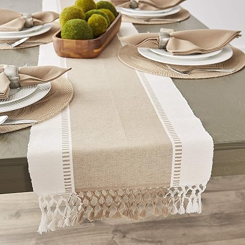 Miniatura 4 de DII Dobby - Camino de mesa tejido a rayas, 13 x 72 pulgadas (13 x 77.5, flecos incluidos), piedra