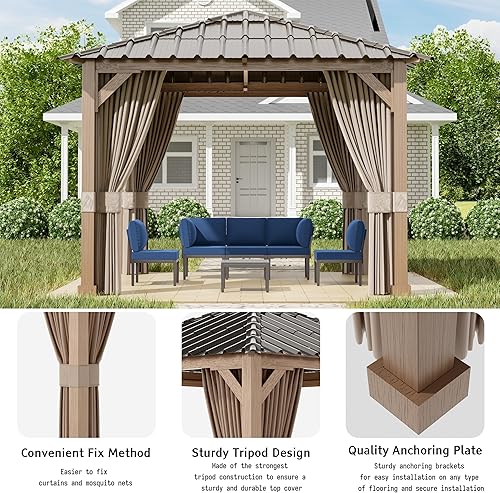 Miniatura 6 de Gotland Cenador de techo rígido de 10 x 10 pies, pérgola de doble techo de metal de acero galvanizado para exteriores, con cortinas y malla para