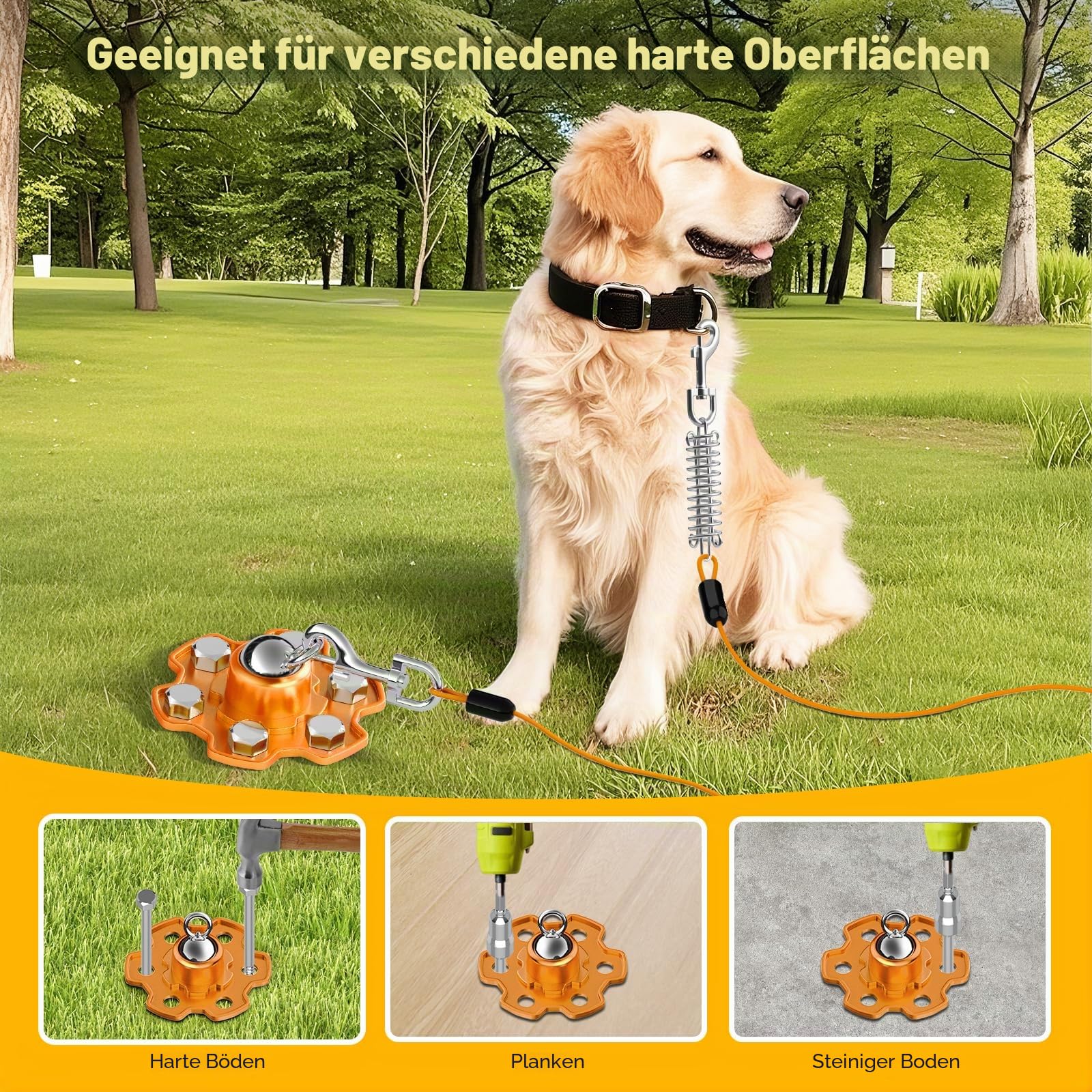 Anlegepflöcke für Hunde und Kabel, 360° Schwenkbar HundPfähle, Heavy Duty Hundehof Leine Pfahl mit 20 ft Hund Tie Out Kabel, Hund Läufer 180 lbs Zugkraft für Draußen Camping Hof, Orange
