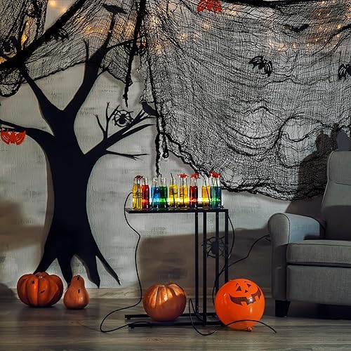 Miniatura 7 de NEBURORA Tela espeluznante de Halloween, 4 piezas de gasa espeluznante negra de 72 x 30 pulgadas, suministros de fiesta de Halloween para interiores