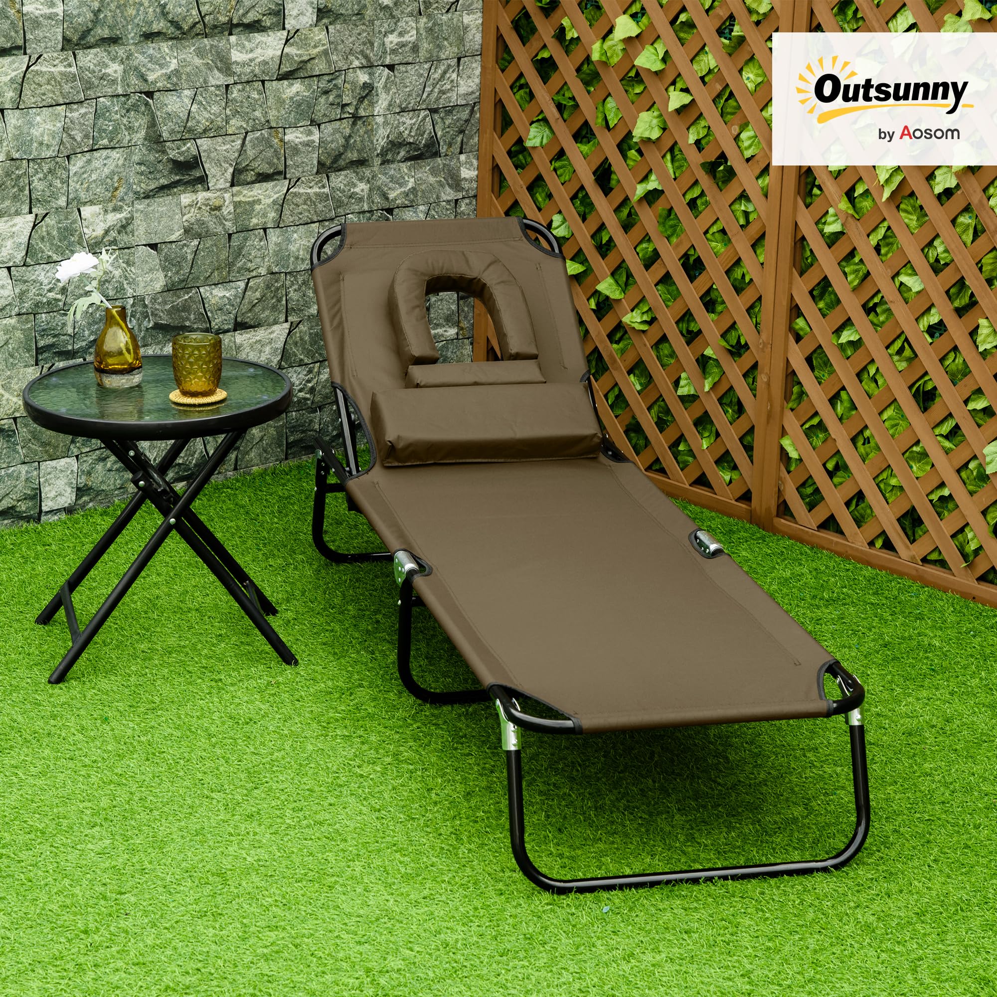 Outsunny Bain de Soleil Chaise Longue Pliante 190x56x28cm Marron | Appuie-Tête, Trou de Lecture, Transat Inclinable 4 Positions, Oxford 600D, Jardin Extérieur, Camping, Piscine, Terrasse