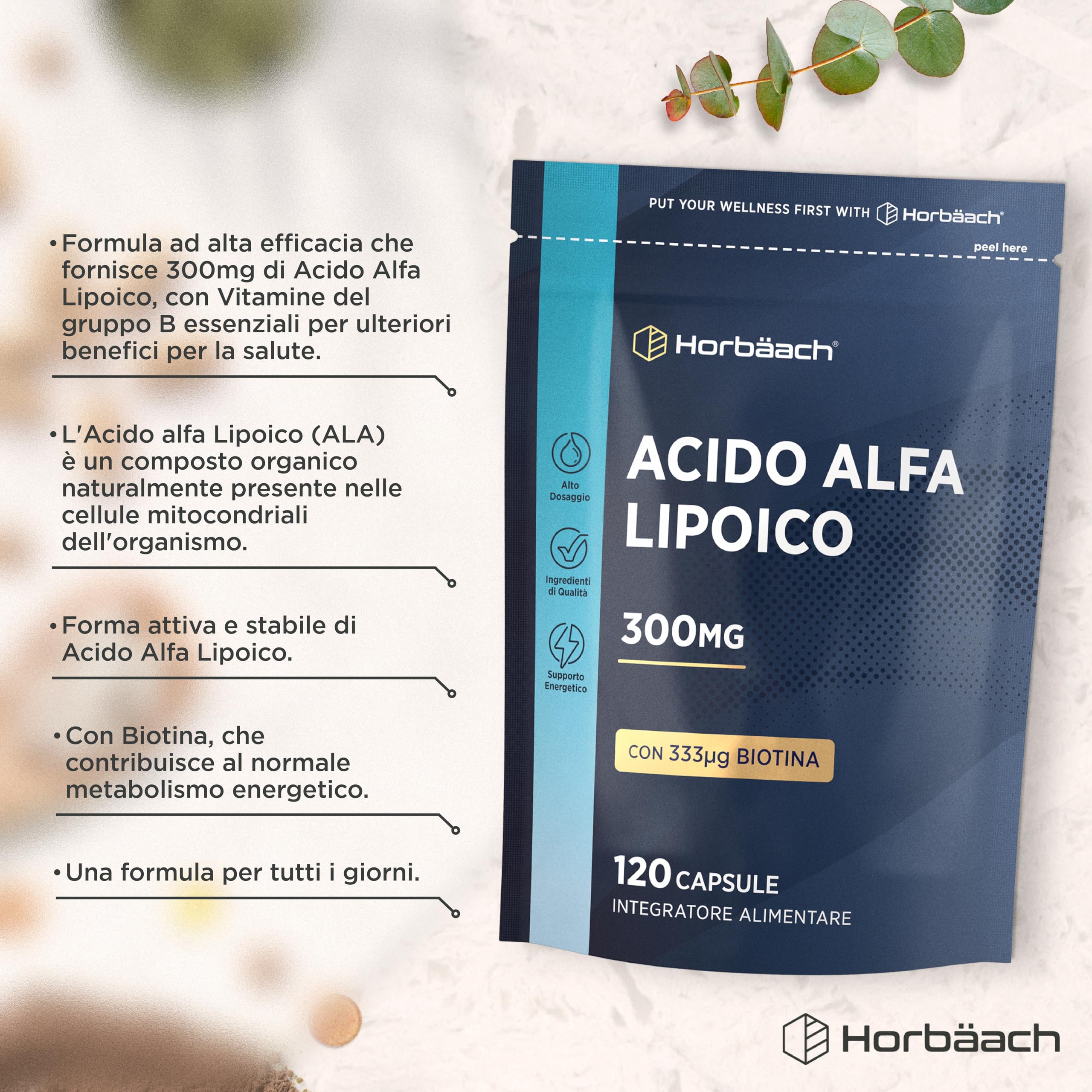 Acido Alfa Lipoico con 300ug Biotina per Capelli | 4 Mesi di Fornitura - 120 Capsule | Alto Dosaggio | Integratore Alimentare | Alpha Lipoic Acid | Horbaach