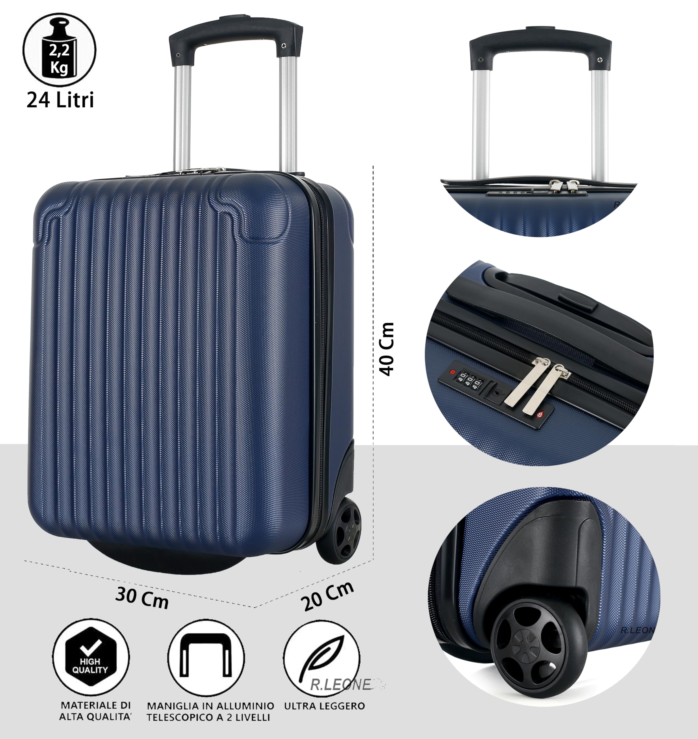 R.Leone Valigia Trolley Bagaglio a Mano 40x30x20cm Wizzair Vueling 2 Ruota in ABS 288 (Nero, Valigia 40X30X20cm 2Ruota)