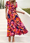 PRETTYGARDEN Women's Summer Wrap Maxi Dress Casual Boho Floral V Neck Short Sleeve Ruffle Hem Split Beach Long Dresses